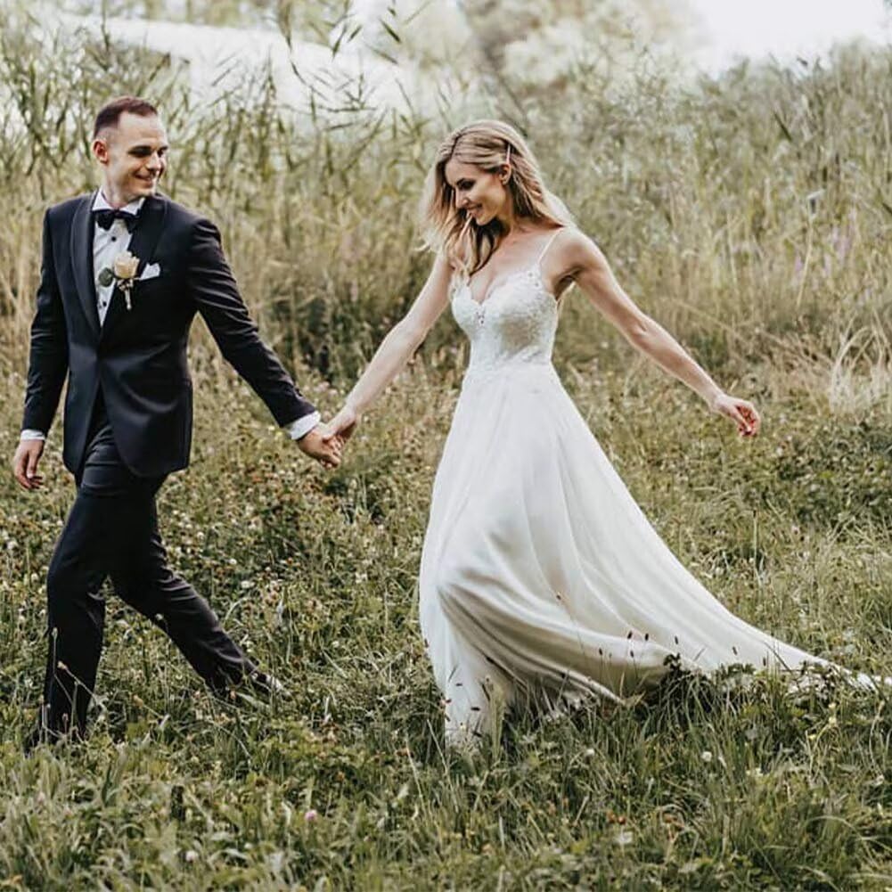 Dexinyuan 2024 Simple Beach Wedding Dresses for Bride - Chiffon Lace A-Line Backless Bohemian Bridal Gown for Women | Perfect for Destination Weddings, Beach Elopements & Boho Bridal Photoshoots
