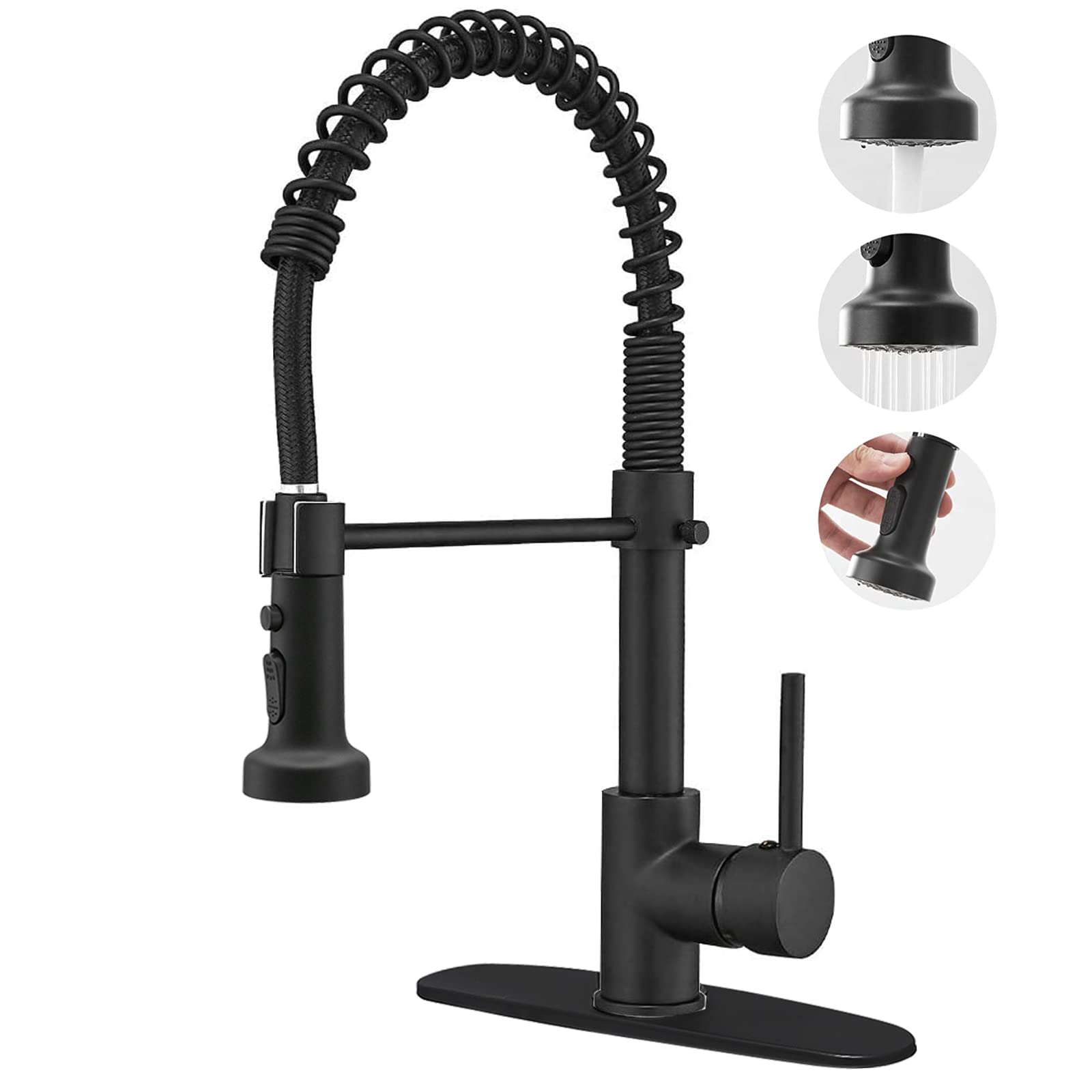 Commercial Brass Kitchen Faucet with Pull-Down Sprayer - Matte Black for RV & Laundry Sinks