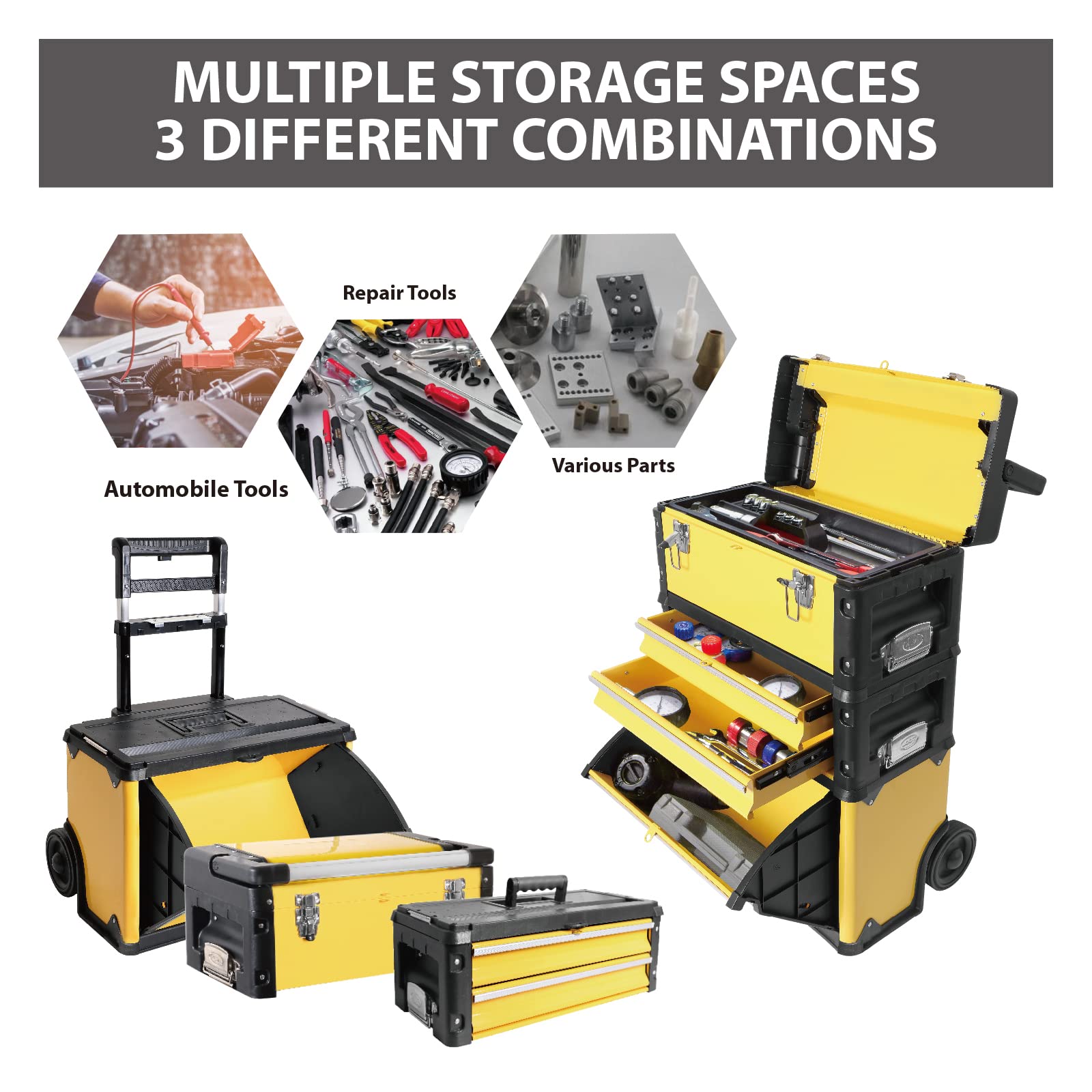 BIG RED Stackable Portable Metal Tool Box Organizer with Wheels & 2 Drawers - Heavy Duty Rolling Upright Trolley Tool Chest for Garage, Workshop, or Job Site - Yellow (ATRJF-C305ABDYR) - Perfect for Mechanics, DIY Enthusiasts & Professional Contractors