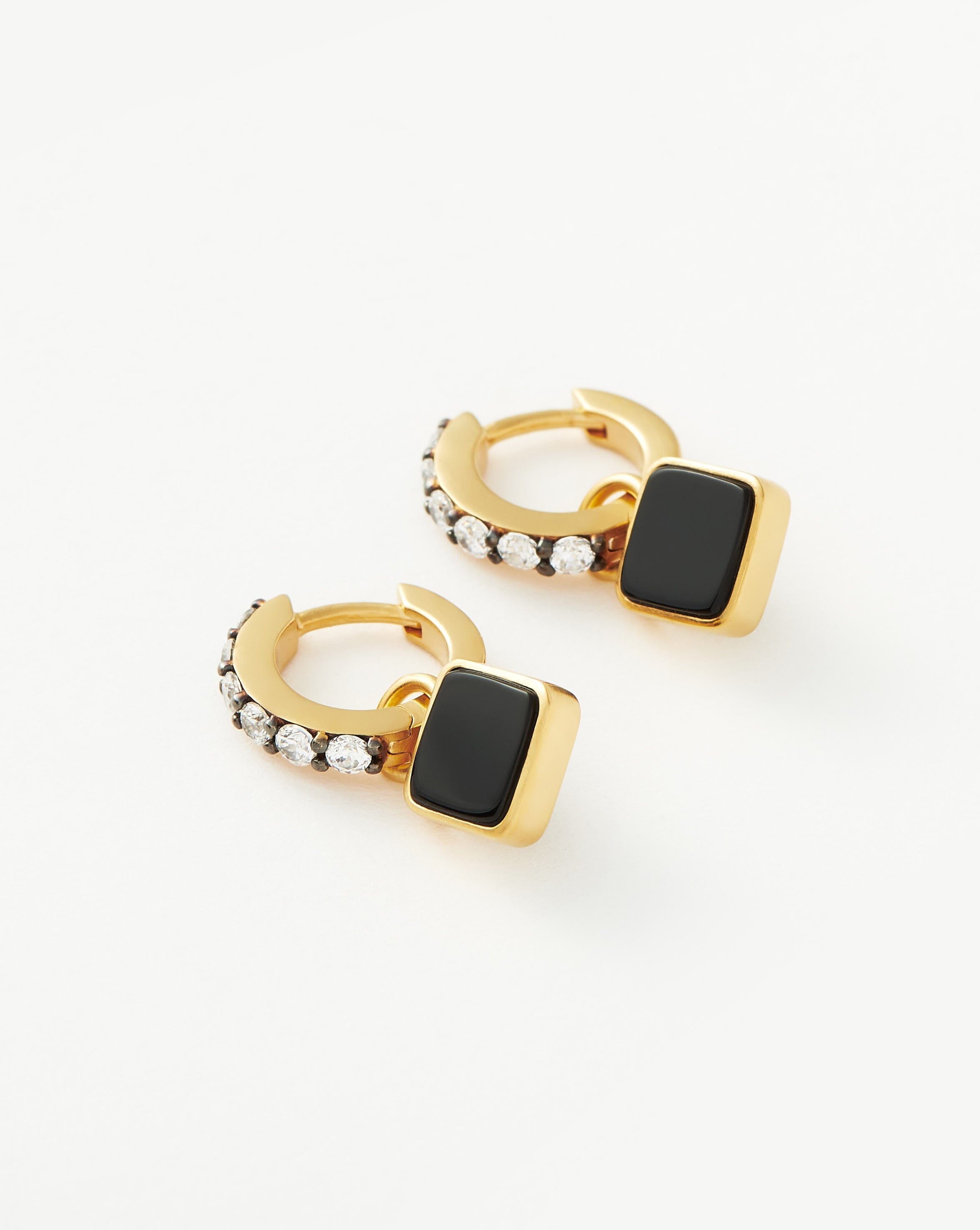 Lucy Williams Square Black Onyx Charm Hoop Earrings | 18k Gold Vermeil & Black Onyx | Elegant Dangle Earrings for Women | Perfect for Parties, Weddings & Evening Events