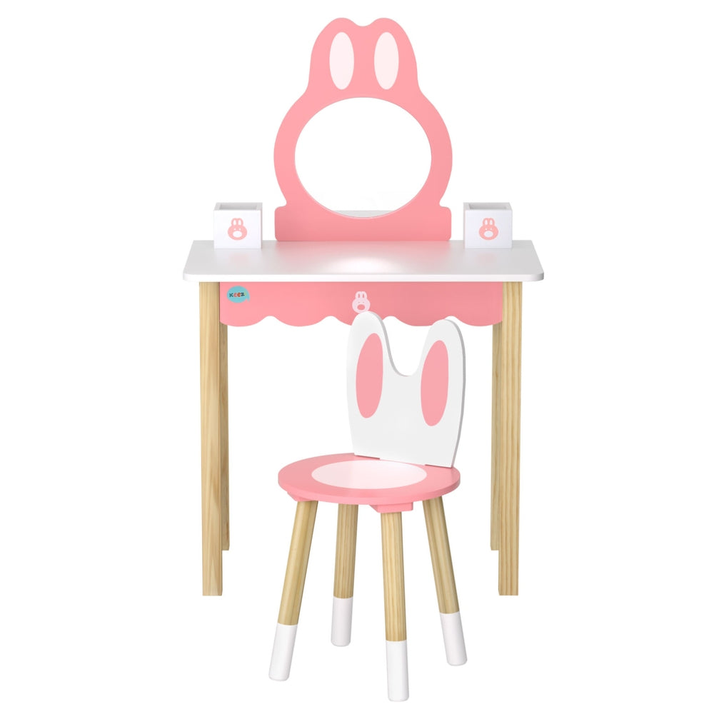 Keezi Kids Wooden Bunny Dressing Table Set - Pink Vanity for Girls Bedroom, Pretend Play & Makeup Dress Up (1 Set) - Perfect for Birthday Gifts, Princess Room Decor & Toddler Imaginative Play