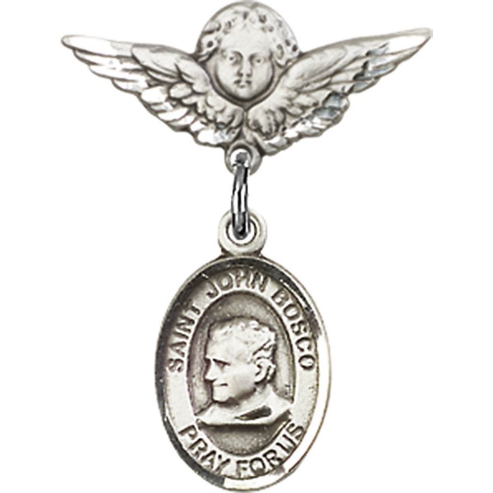St. John Bosco Sterling Silver Baby Badge with Angel Wing Charm - 7/8 X 3/4 Inch Religious Pin - Perfect for Baptisms, First Communions & Christening Gifts