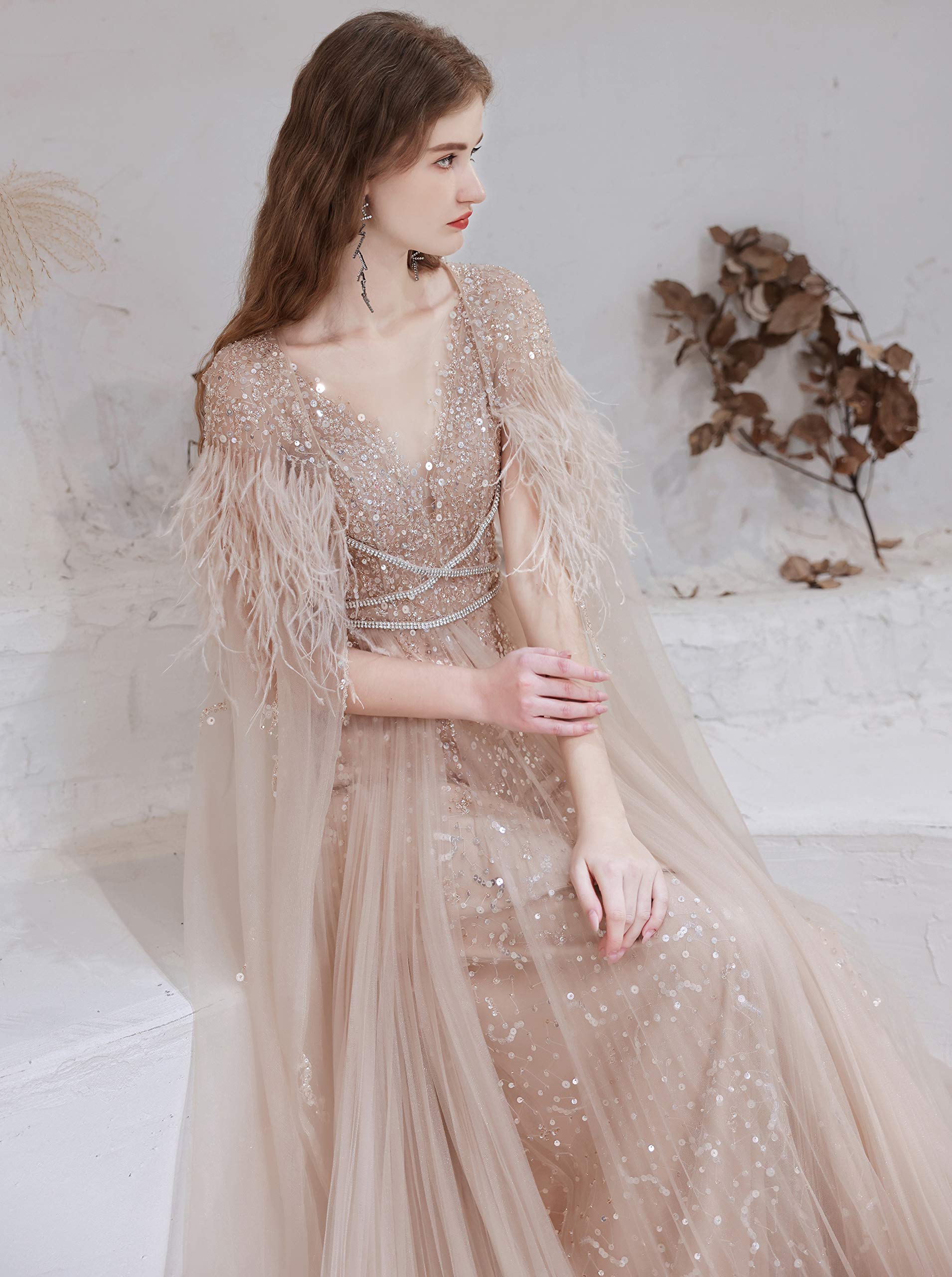 Elegant Women's V-Neck Beaded Sequins Tulle Evening Gown with Detachable Shawl - Perfect for Prom, Wedding Guest, Cocktail Party & Formal Occasions