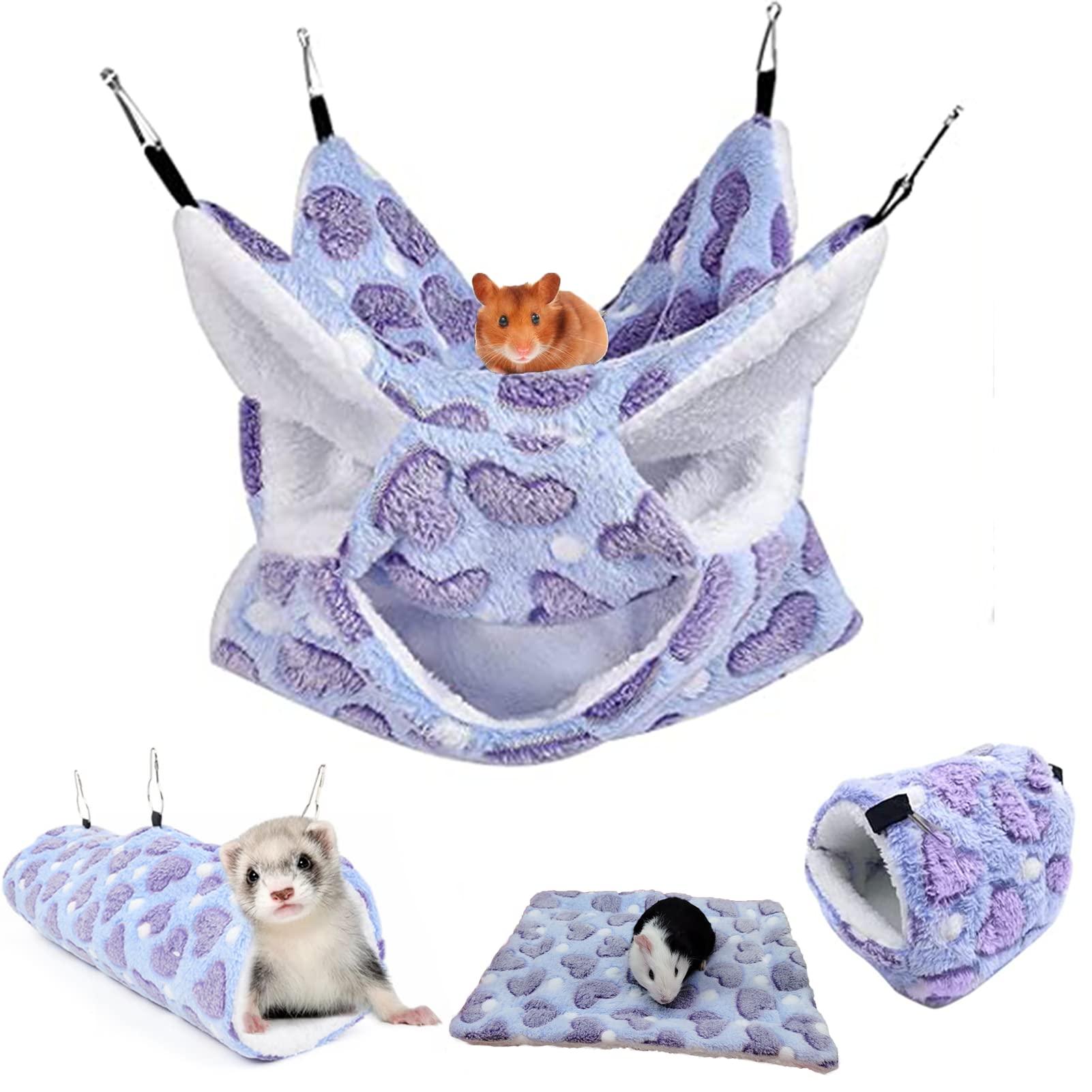 4-Pack Small Animal Hammock Set for Hamsters, Guinea Pigs, Squirrels & Birds - Includes Hanging Bed, Swing, Warm Mat & Plush Tunnel - Cozy Sleeping Nest for Pets - Perfect for Cages, Habitats & Play Areas (Purple)