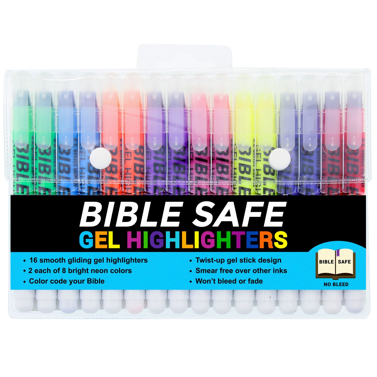 Bible Safe Gel Highlighters - 16 Pack with 8 Bright Neon Colors (Yellow, Orange, Pink, Blue) - No Bleed, No Fade, No Smear - Perfect for Bible Study, Note Taking & School Supplies