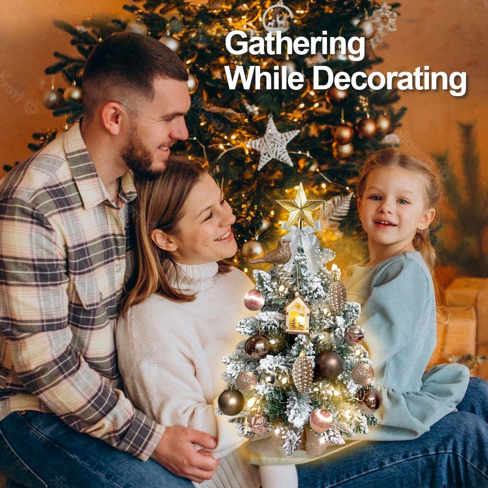 22in Flocked Snow Artificial Christmas Tree with LED Lights - Mini Red Tabletop Xmas Decor for Home, Office, Party & Holiday Decoration