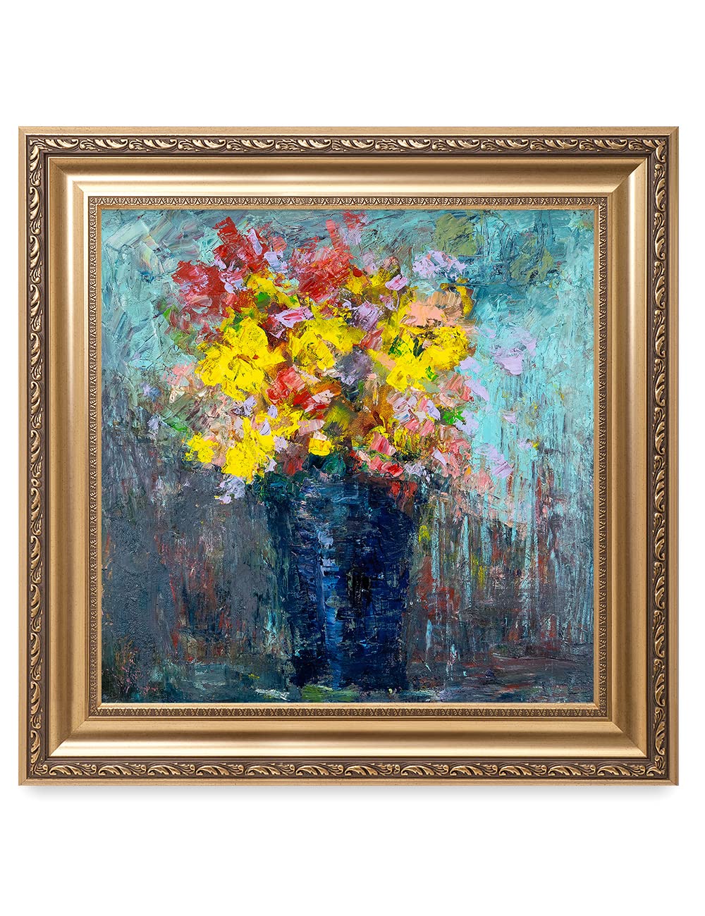 DECORARTS - After The Rain by David Ma - Floral Abstract Wall Art Print - Giclee on Canvas in Classic Golden Frame (26x26 Inches) - Ready to Hang - Perfect for Living Room, Bedroom & Office Decor