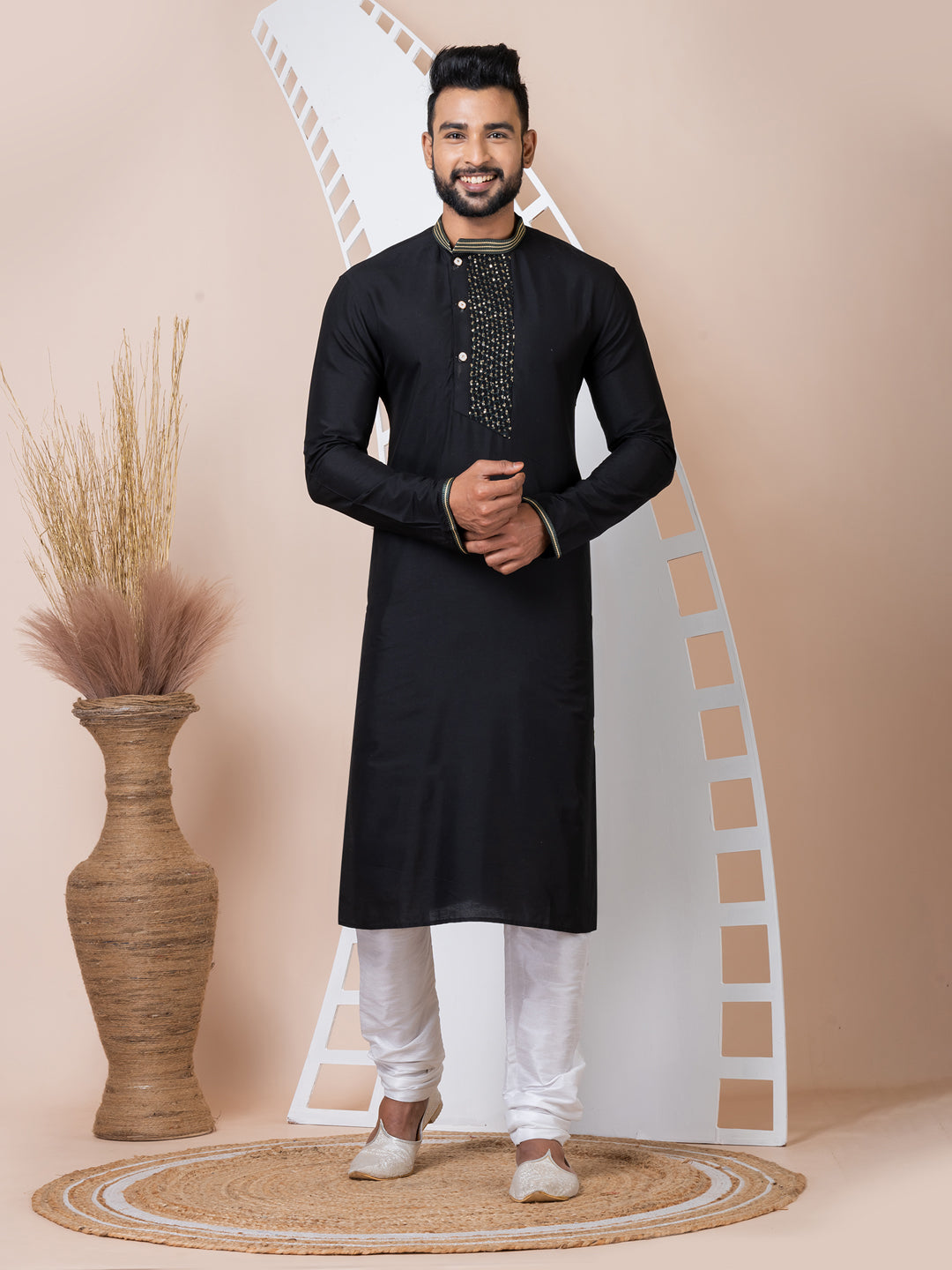 Stylish Black Designer Men's Kurta Pyjama Set - Premium Cotton Ethnic Wear for Weddings & Festivals - Perfect for Indian Cultural Events, Parties and Special Occasions