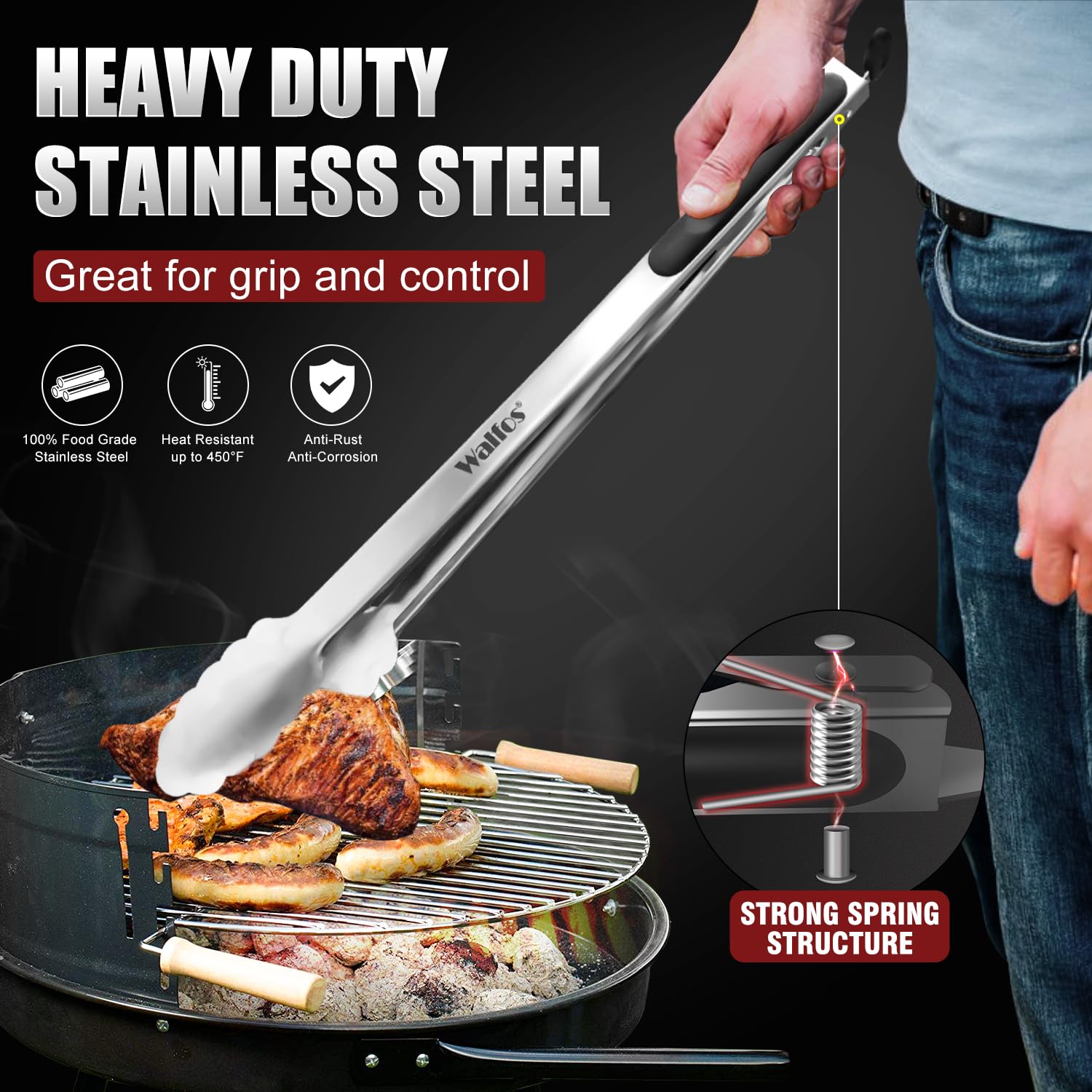 Walfos 17-Inch Extra Long Stainless Steel BBQ Grill Tongs - Heavy Duty Grilling Utensils for Cooking, Barbecue, Buffet & Food Turning - Perfect for Outdoor Grilling, Camping & Backyard BBQs