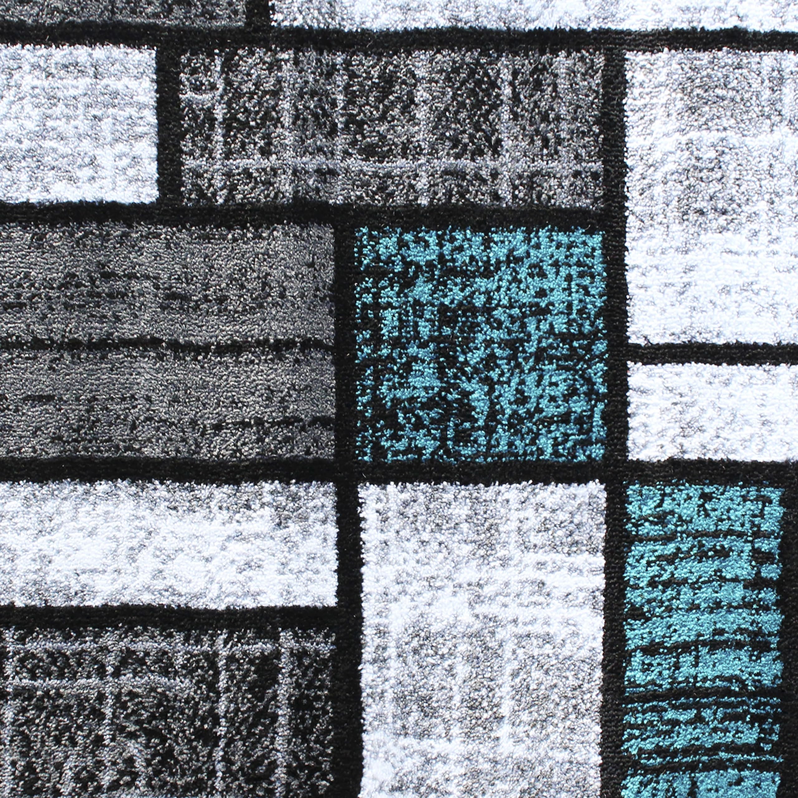EMMA + OLIVER Modern Geometric Mosaic Accent Rug - 2x7 Feet Turquoise Gray Black White Plush Textured Stain Resistant Jute Backing - Perfect for Living Room, Bedroom or Office Decor
