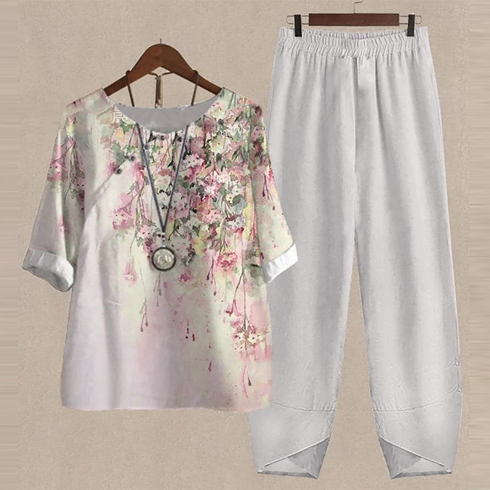 Women's Summer Linen Lounge Set - 2 Piece Outfit with Half Sleeve T-Shirt & Cotton Linen Pants | Plus Size Vacation Wear for Beach, Travel & Relaxation
