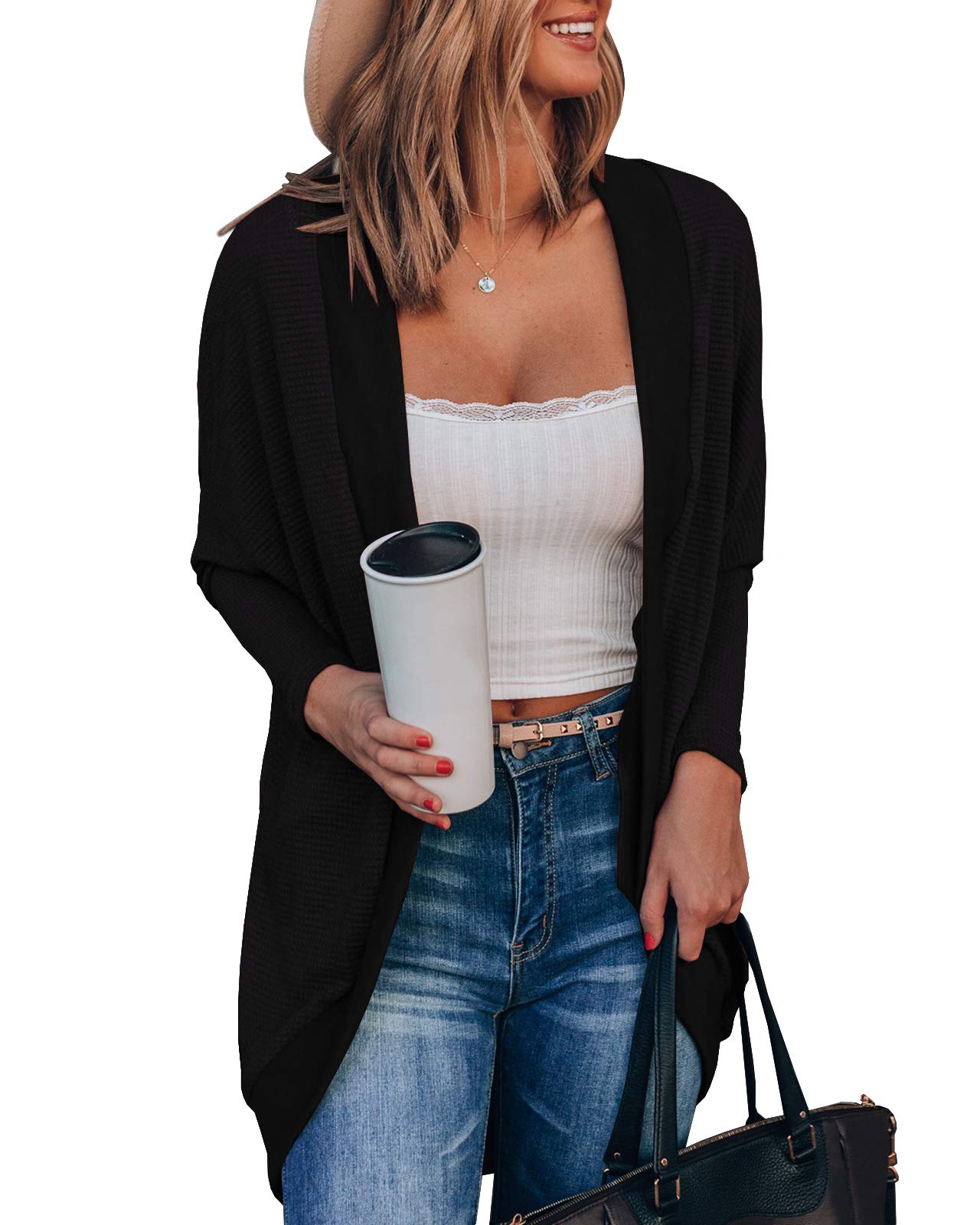 Women's Lightweight Oversized Batwing Sleeve Open Front Cardigan - Waffle Knit Draped Sweater for Casual Wear, Office & Fall Layering