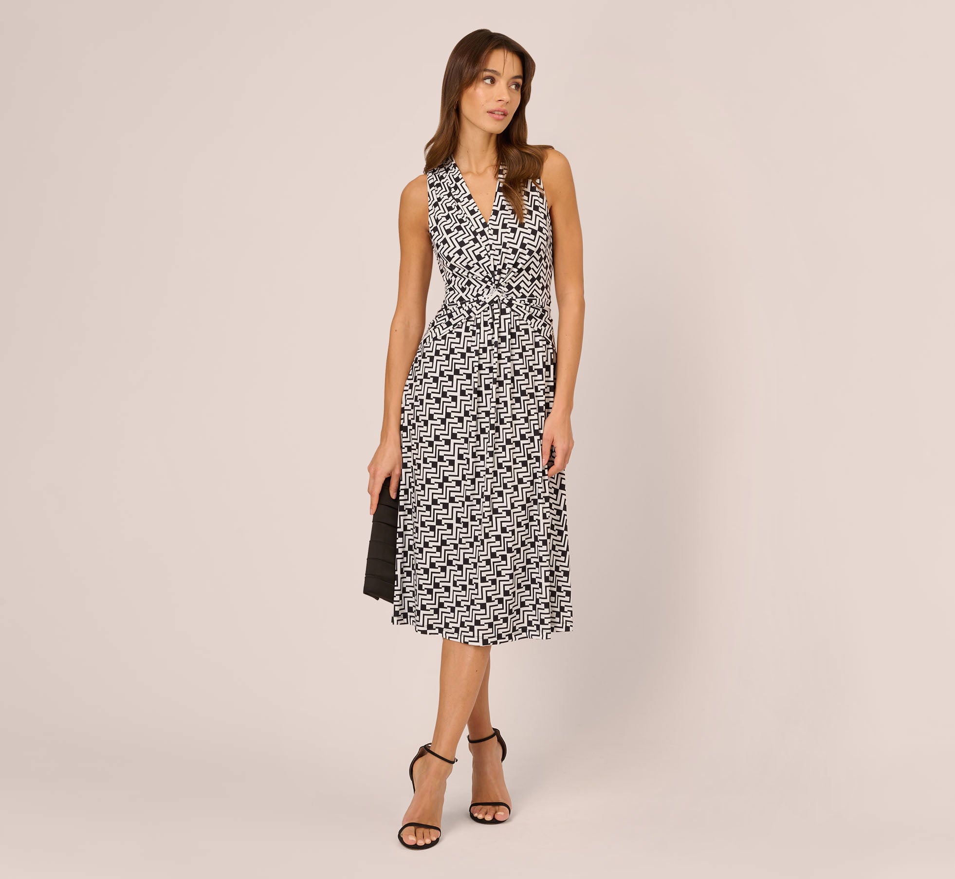 Sleeveless Geo Print Midi Dress with Knotted Detail in Black & White - Perfect for Summer Parties, Beach Vacations, and Casual Outings