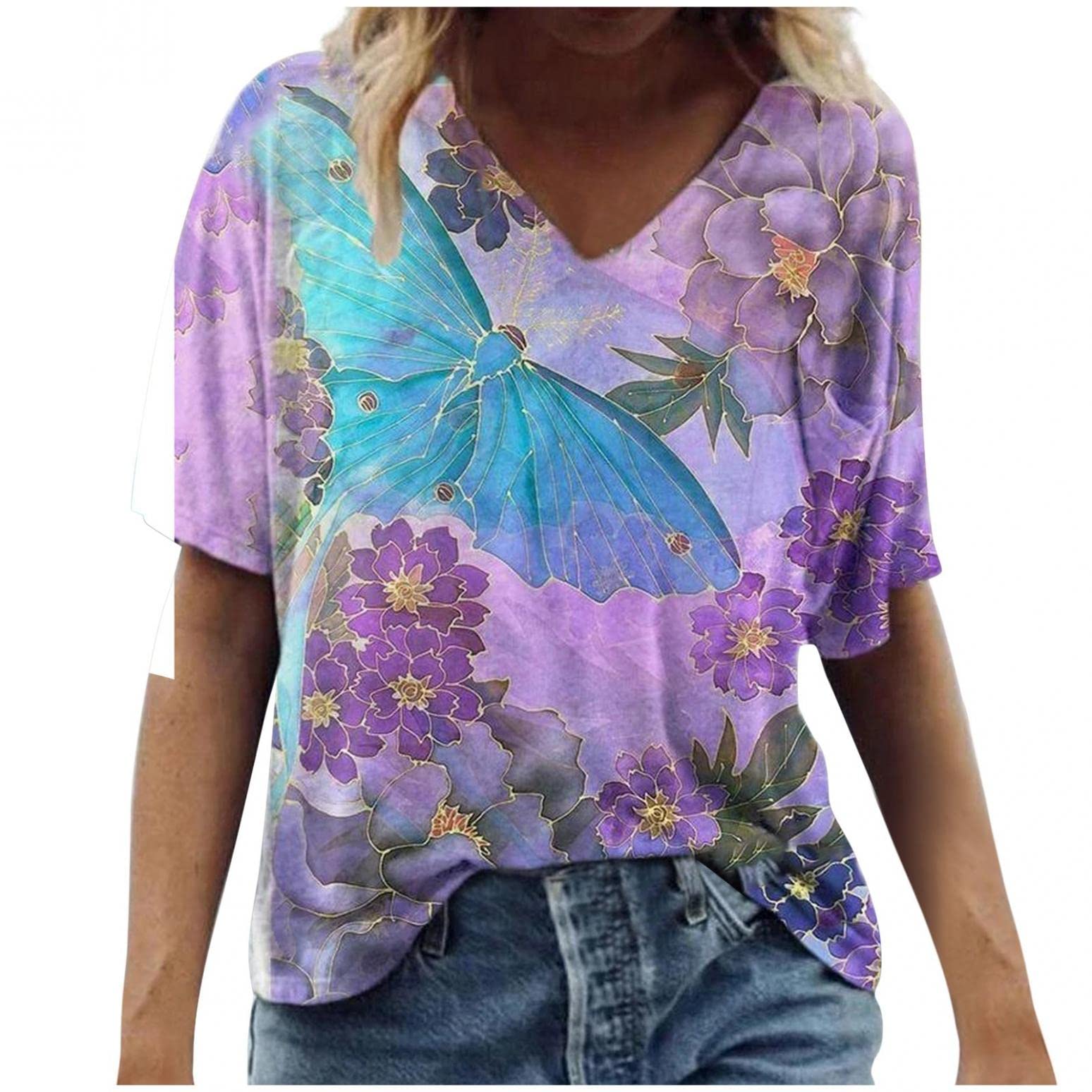 Aayomet Women's Floral Print V-Neck T-Shirt - Casual Short Sleeve Blouse for Ladies, Cute Floral Top for Work, Date Night & Summer Outfits