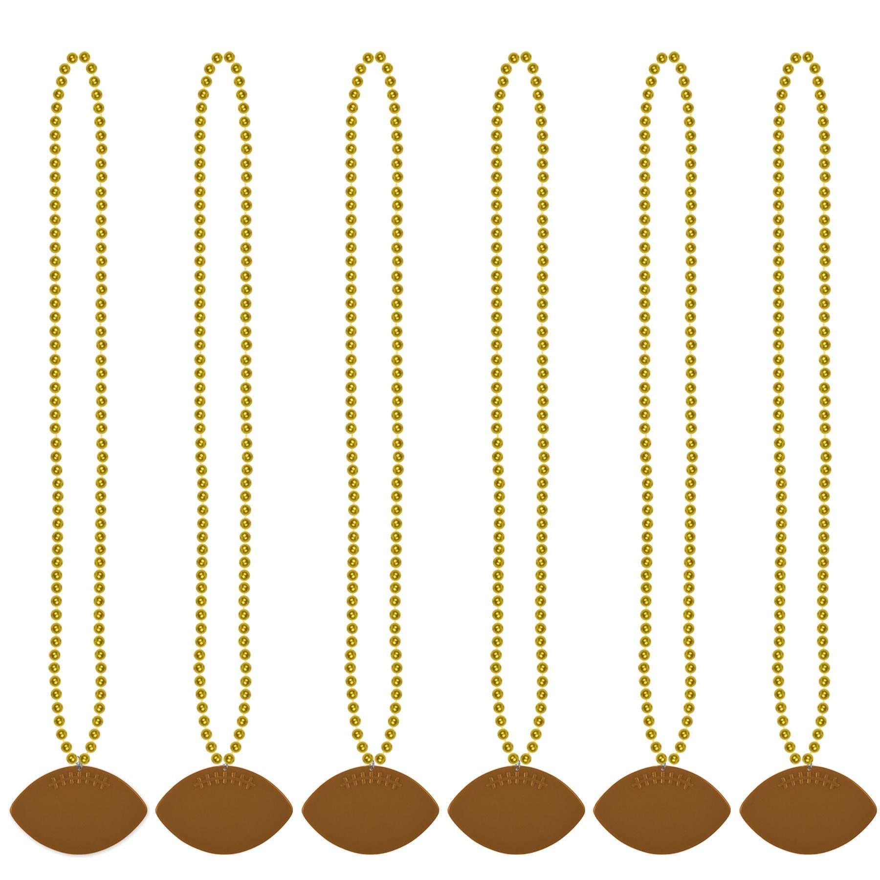 12 Pack Gold Party Bead Necklaces with Football Medallion - Bulk Mardi Gras Beads for Football Games, Super Bowl Parties & Carnival Celebrations