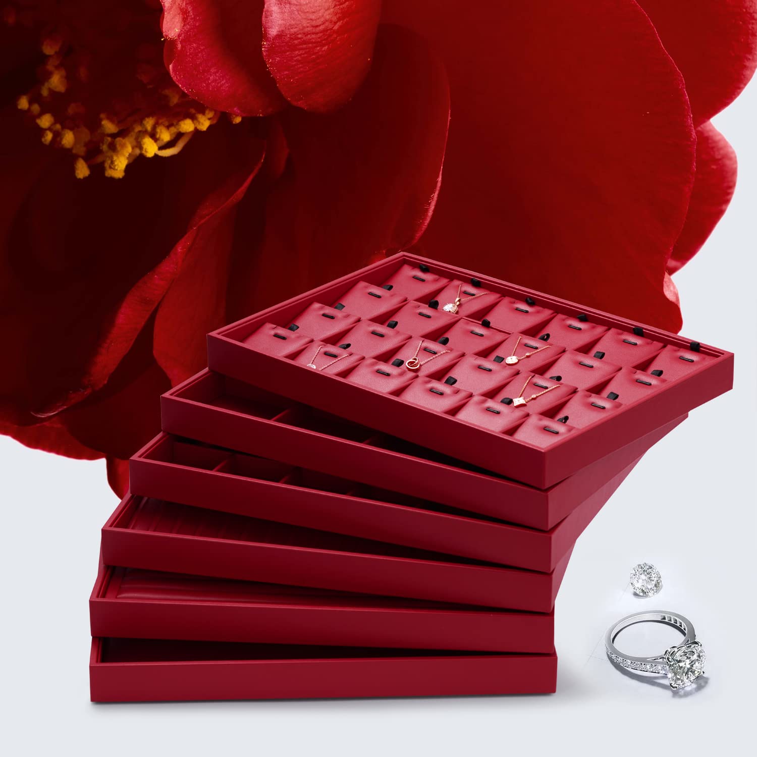 Oirlv 24 Grid Red Leather Jewelry Organizer Tray with Removable Inserts & Stackable Design - Perfect for Necklace, Ring, Earring Storage in Dresser, Vanity & Travel Jewelry Case