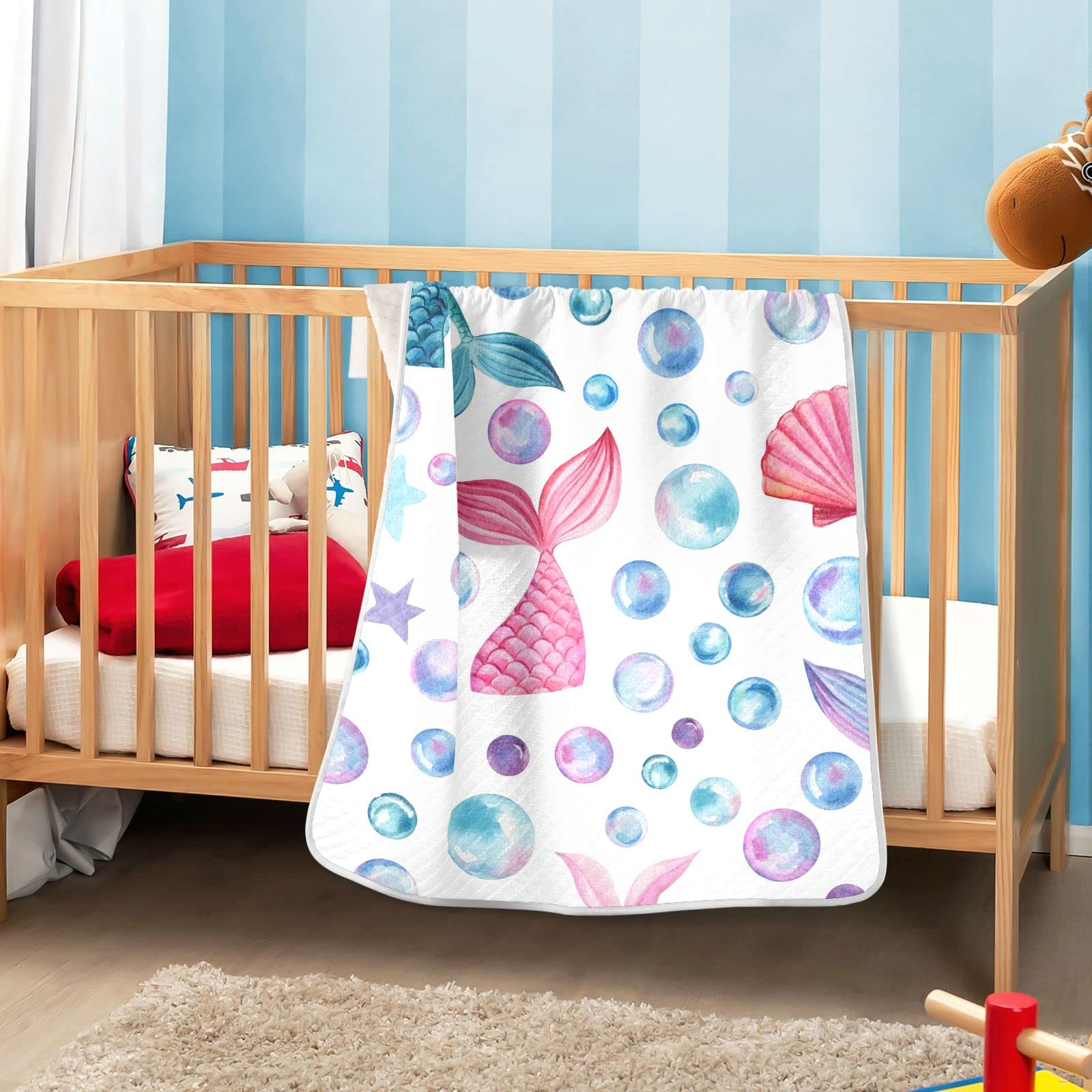 **JIPONI Super Soft & Warm Baby Blanket - 30x40 Inch Mermaid Tail Design with Bubbles, Seashells & Starfish - Personalized Baby Gift for Boys & Girls | Perfect for Nursery, Swaddling & Photo Shoots**