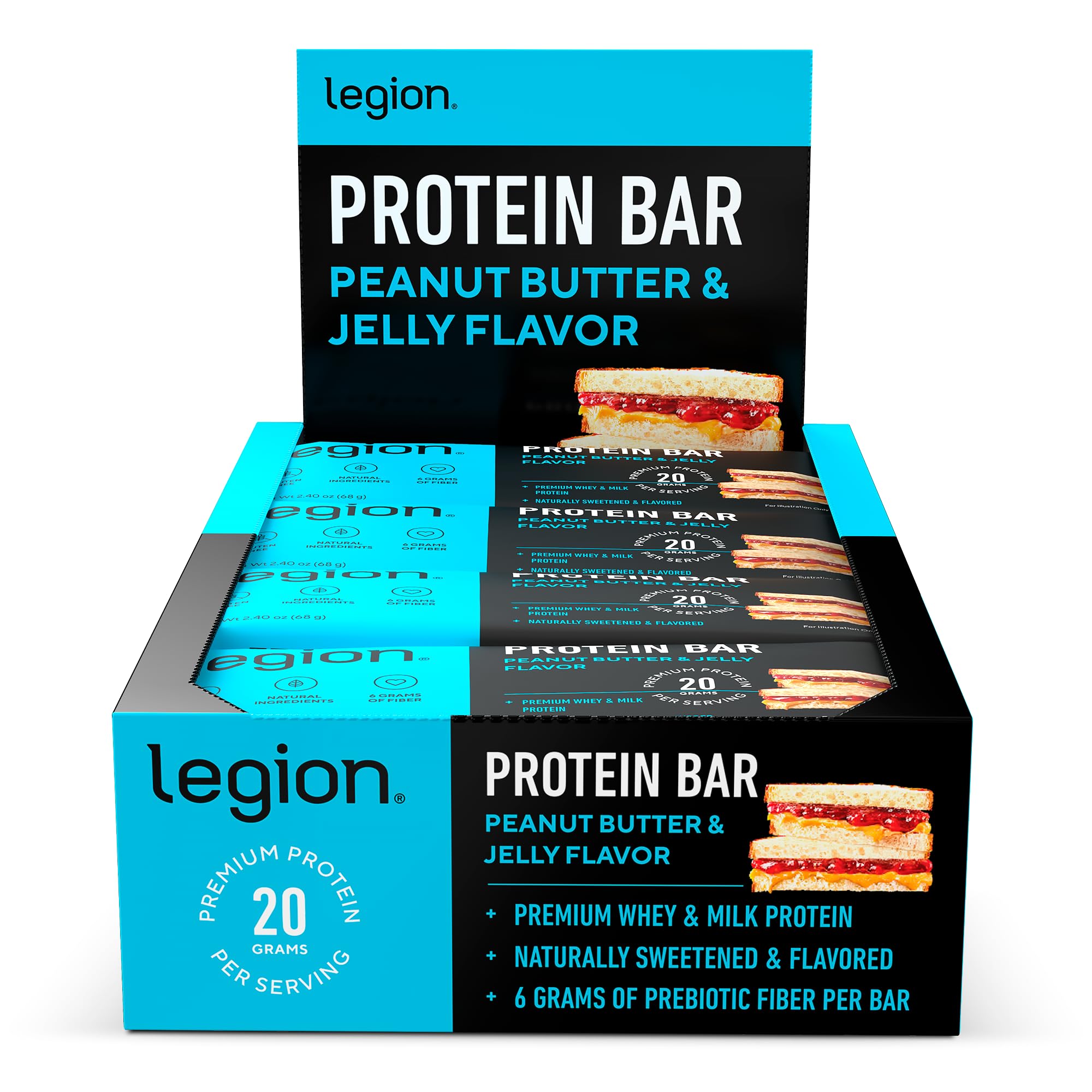 Legion Protein Bar Peanut Butter Jelly - 12 Pack Whey Protein Bars with Prebiotic Fiber, Gluten Free, Soy Free, Low Sugar & Fat - Healthy Snack for Gym, Hiking & On-the-Go Nutrition