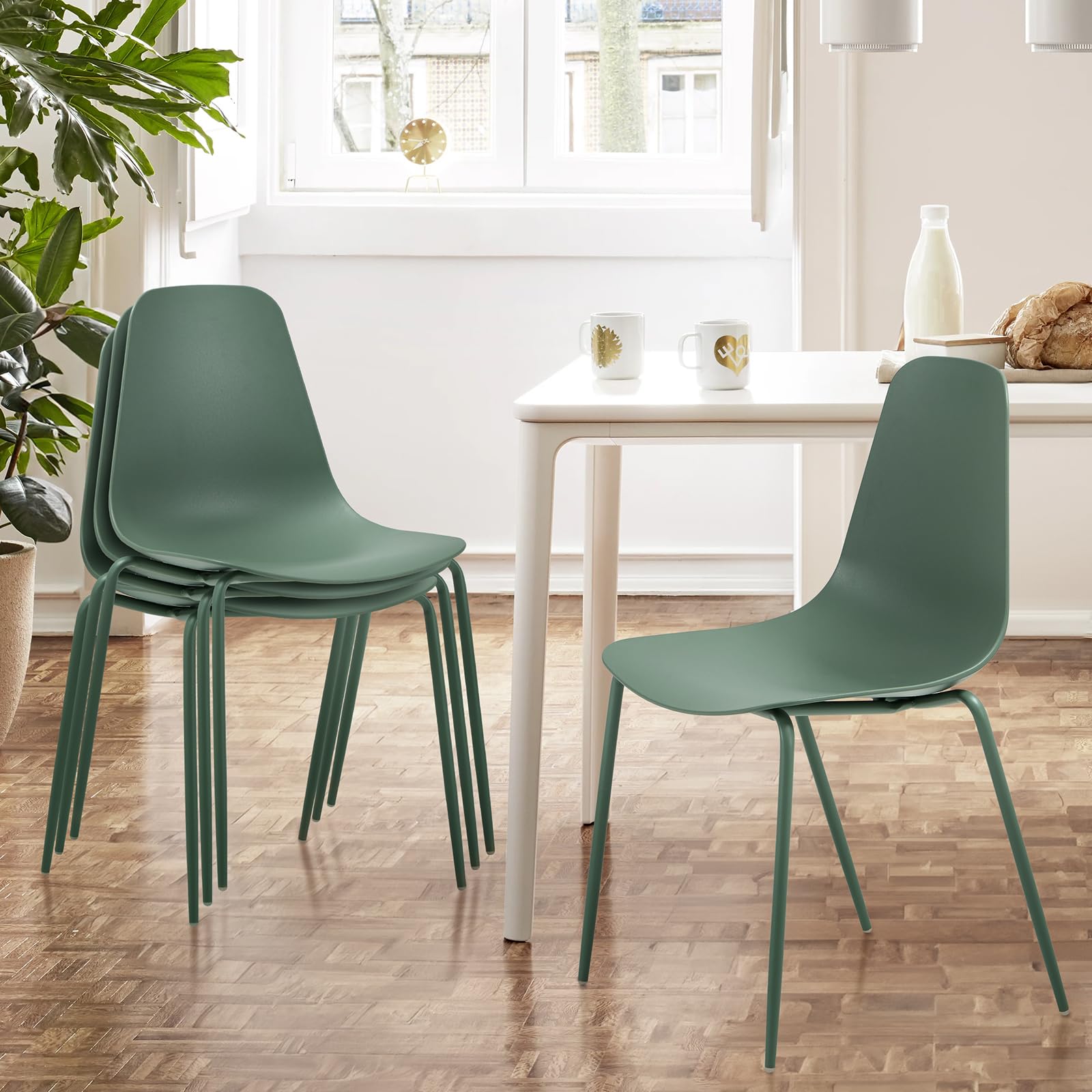 COLAMY Modern Dining Chairs Set of 4 - Stackable Plastic Kitchen Chairs with Sturdy Metal Legs for Indoor & Outdoor Use - Light Green - Perfect for Home, Restaurant, Bistro, Cafe and Patio Decor