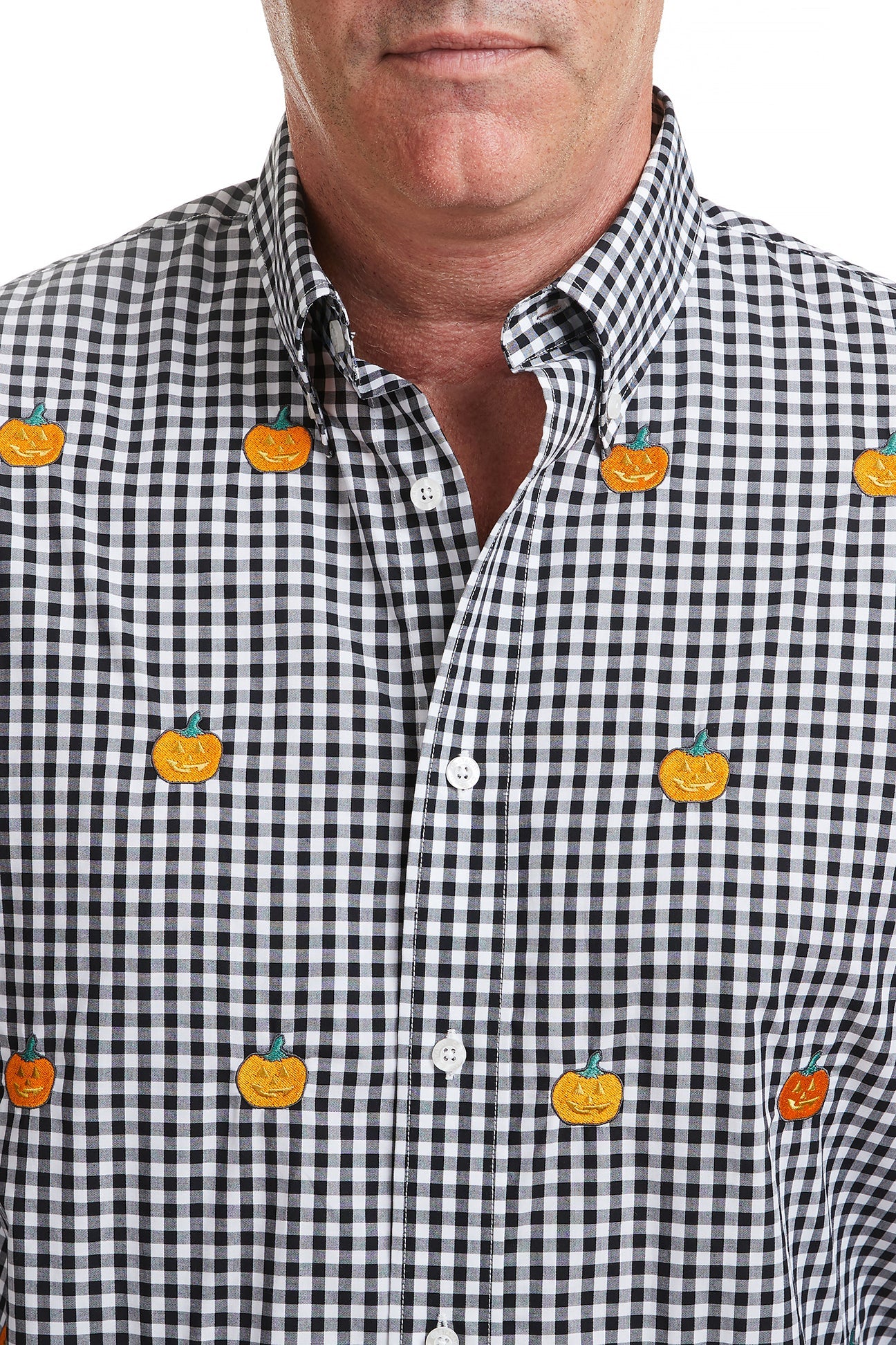 Straight Wharf Men's Shirt - Wide Gingham Black with Jack O'Lantern Print - Casual Button Down Shirt for Fall, Halloween Parties & Office Wear