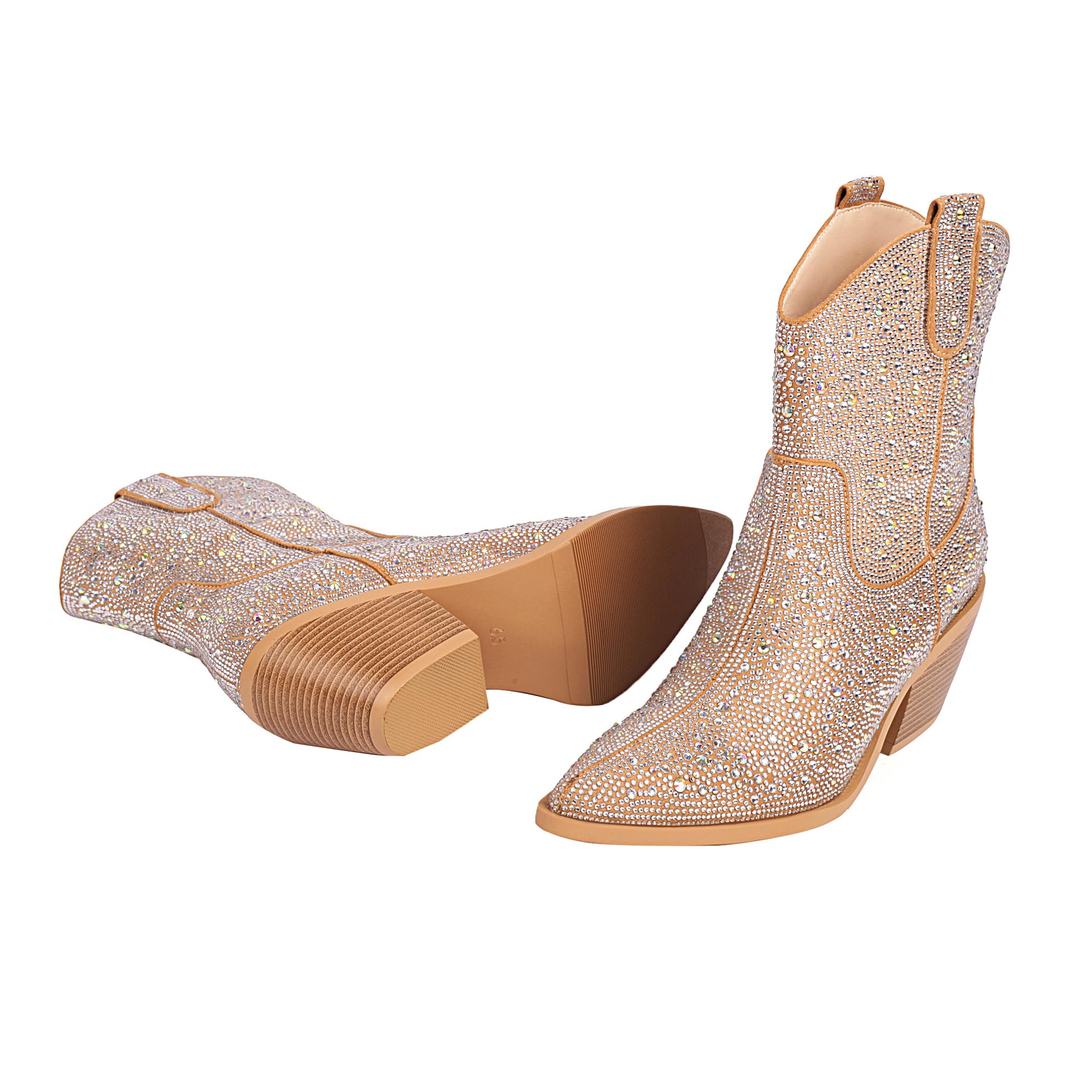 Vivianly Rhinestone Cowboy Boots for Women - Western Glitter Ankle Boots, Cowgirl Boots with Sparkling Diamonds | Pointed Toe & Chunky Heel Mid Calf Boots | Perfect for Country Concerts, Line Dancing & Western Fashion Outfits