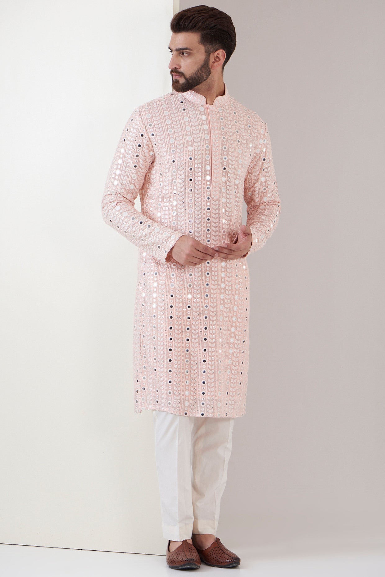 Elegant Powder Pink Mirror Work Kurta for Women | Traditional Embroidered Indian Tunic Top | Perfect for Festivals, Weddings & Casual Wear