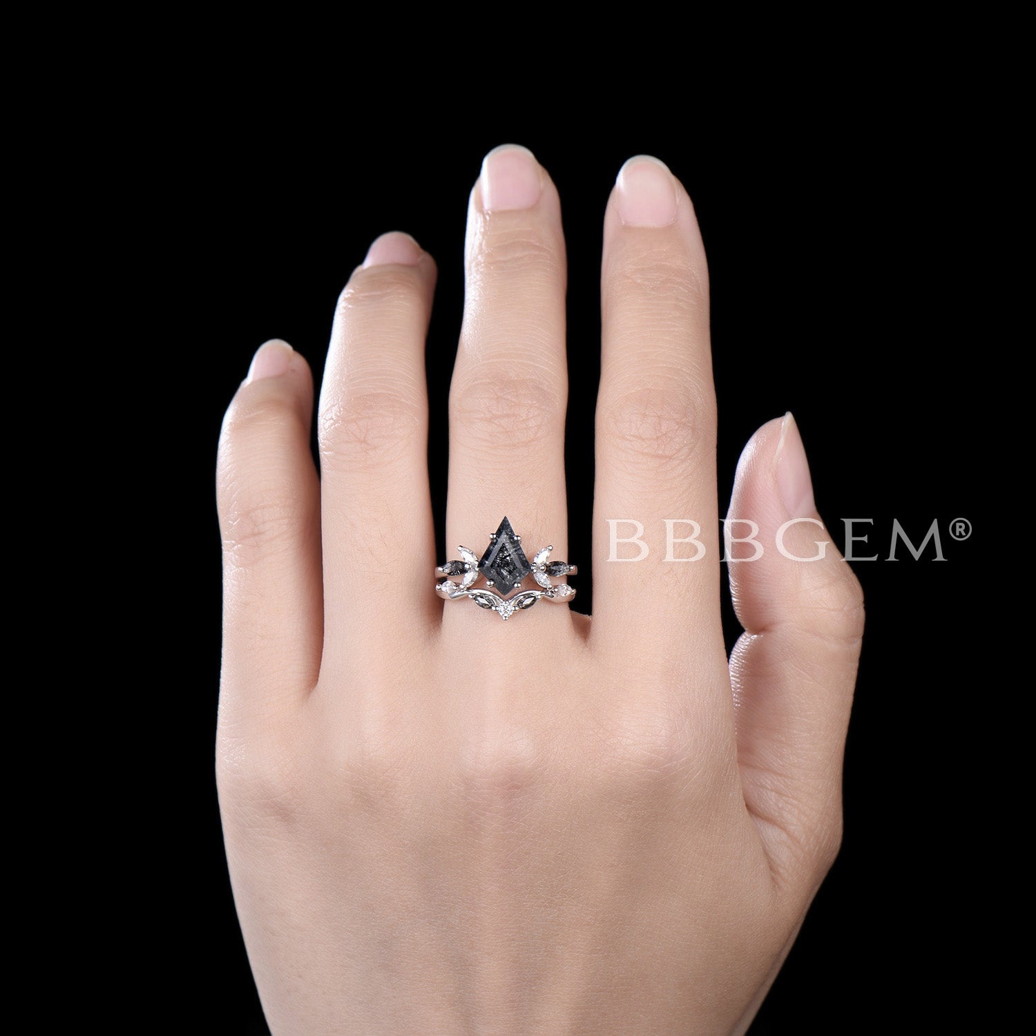 Black Rutilated Quartz Kite Cut Seven Stone Wedding Ring for Women - Elegant Engagement & Anniversary Jewelry Gift