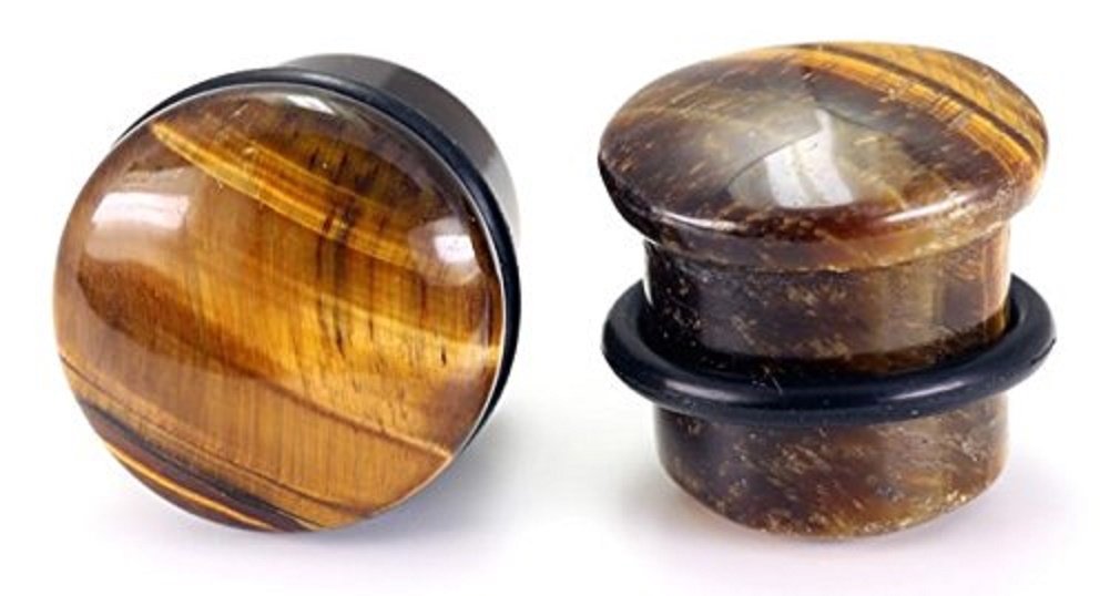 Organic Tiger's Eye Stone Single Flare Ear Plugs with O-Ring - 1 Pair (2G-10mm) - Natural Healing Crystal Jewelry for Stretching Earlobes, Yoga & Meditation Accessories