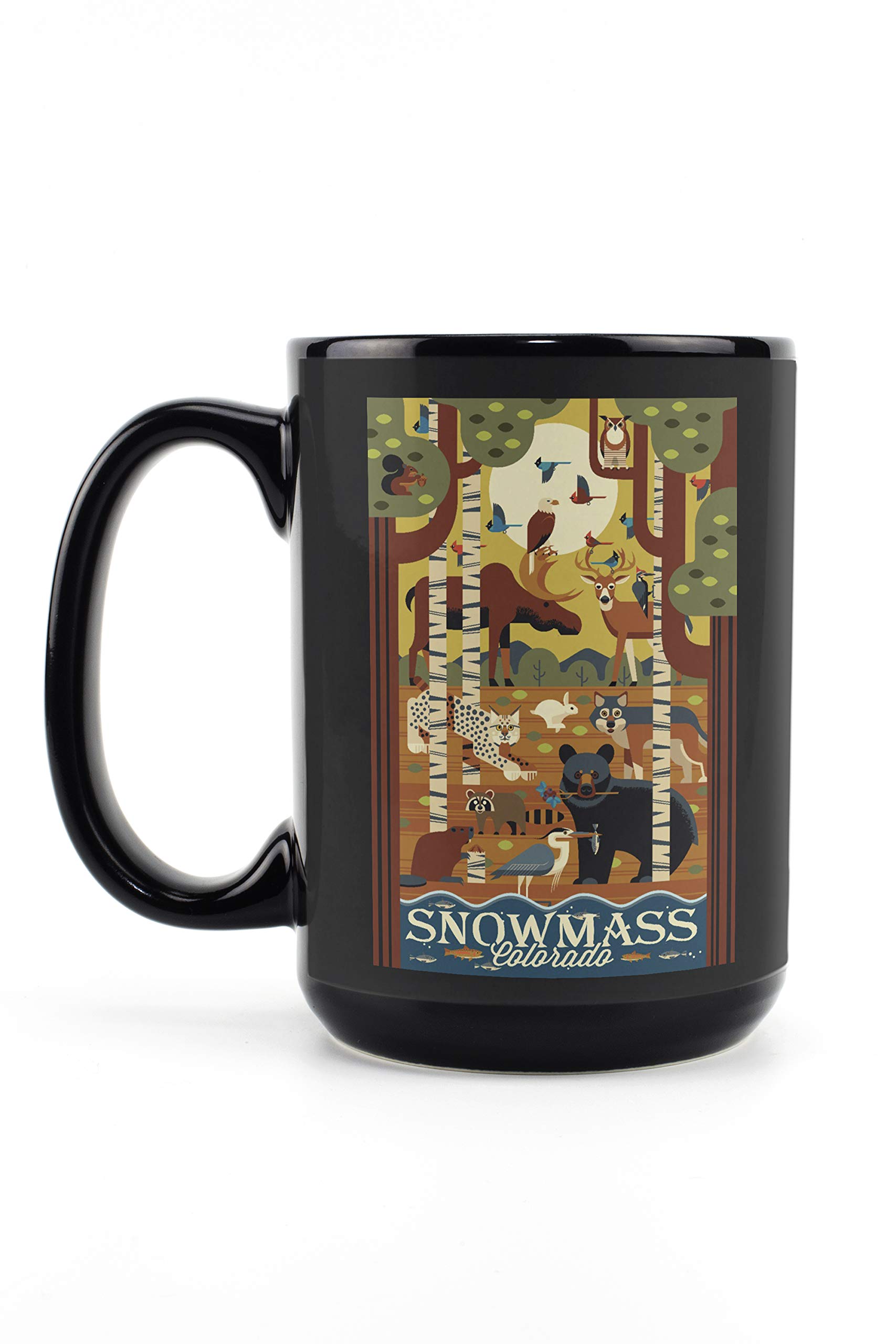 Lantern Press Snowmass Colorado Forest Animals Geometric Mug - 15oz Black Ceramic Coffee & Tea Cup | Dishwasher & Microwave Safe | Perfect for Camping, Office & Home Use