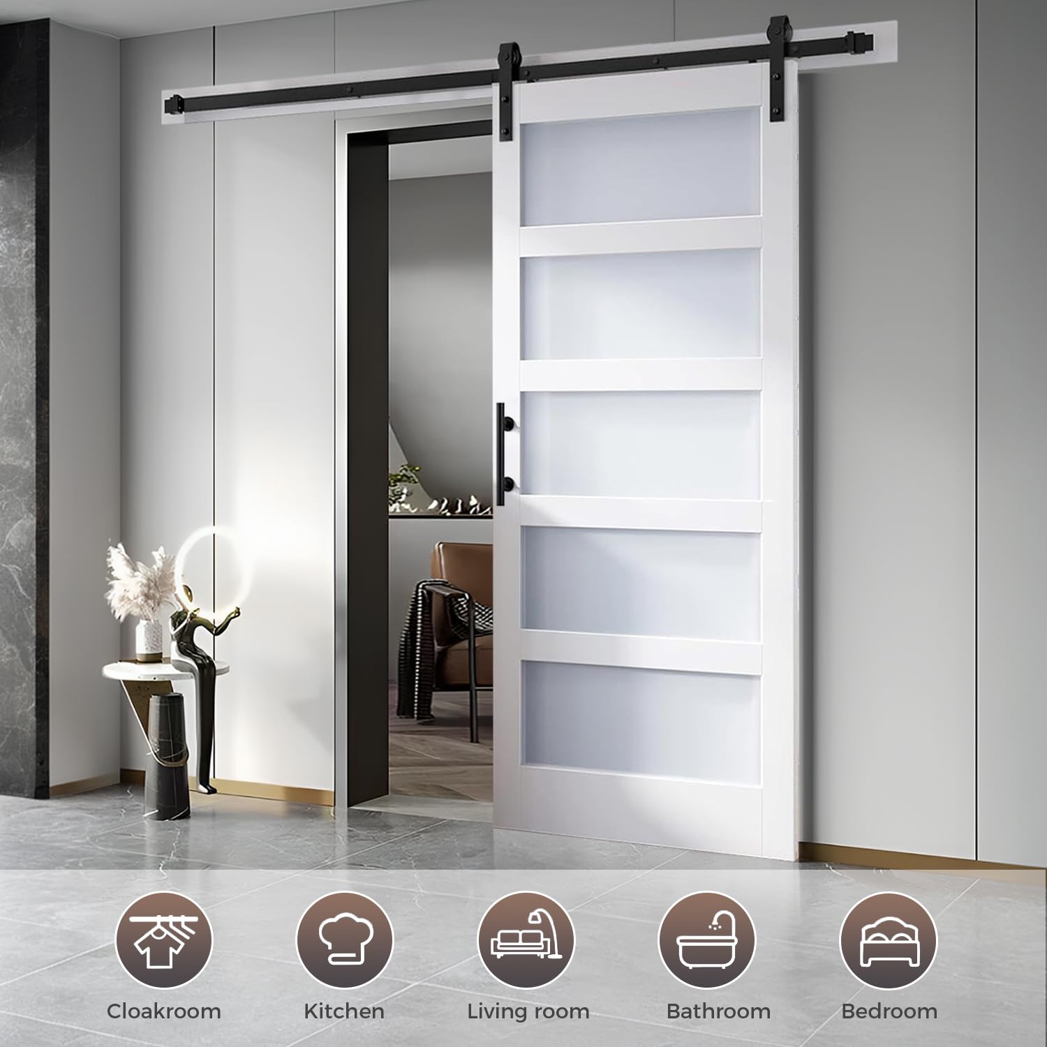 S&Z TOPHAND® 84 Inch x 18 Inch Double Glass Sliding Barn Door with 6FT Hardware Kit - 5 Tempered Frosted Glass Panels, Waterproof PVC Surface, Easy DIY Assembly for Bedroom, Closet, or Room Divider