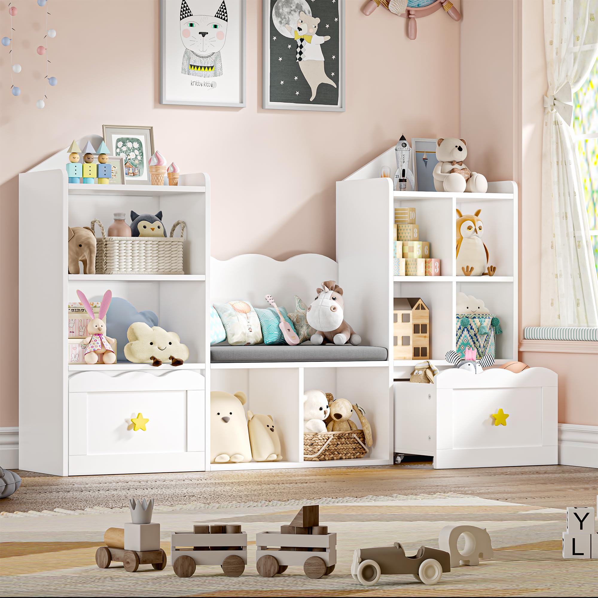 **White Kids Bookshelf with Reading Nook & Soft Cushion Seat - 2-Wheel Drawers, 8 Storage Cubbies - Toy Organizer for Playroom, Bedroom, School - Perfect for Reading, Learning & Playtime**