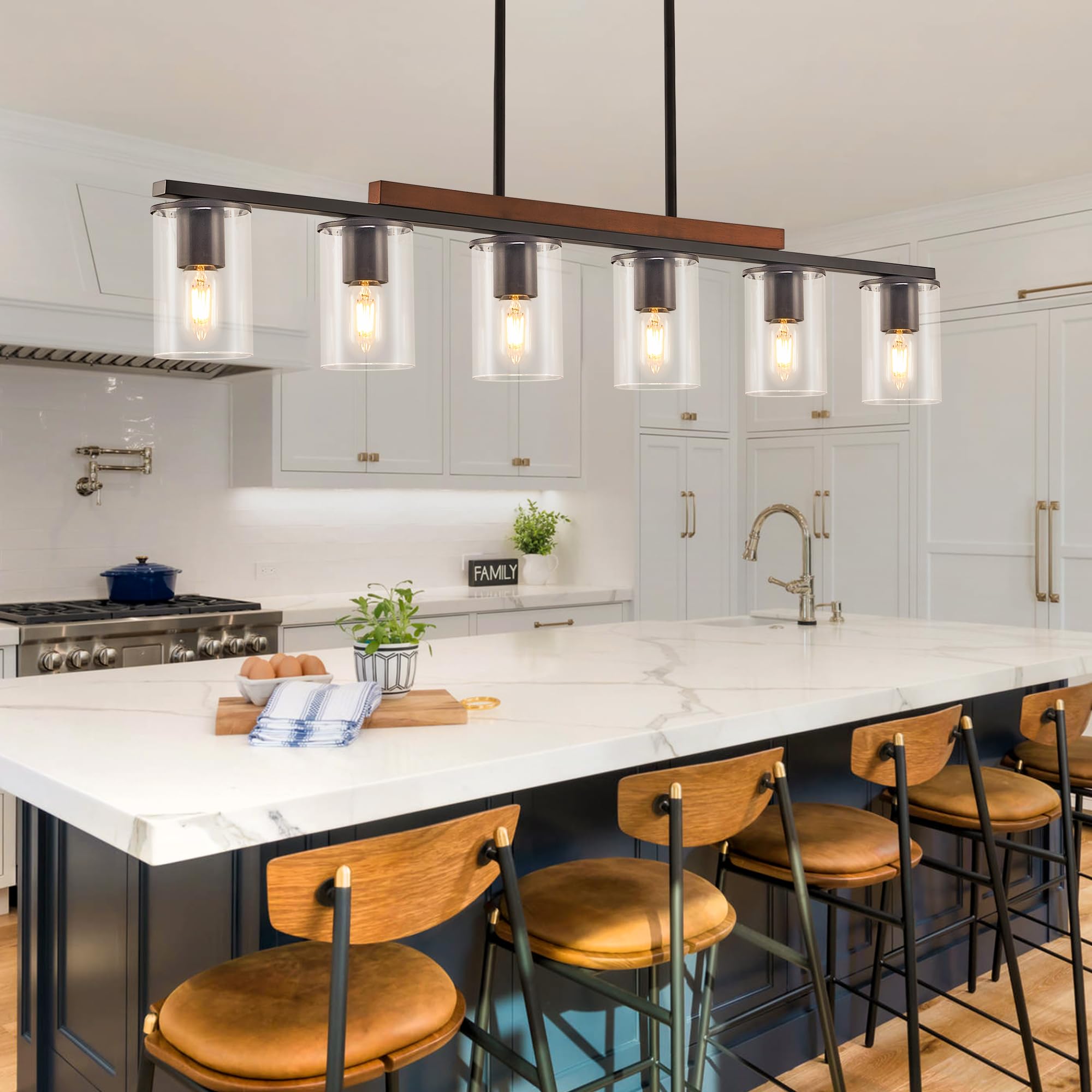 Farmhouse Style Black 6-Light Linear Chandelier - Wood Accent Pendant Lighting for Dining Room & Kitchen Island | Perfect for Rustic, Modern, and Industrial Home Decor
