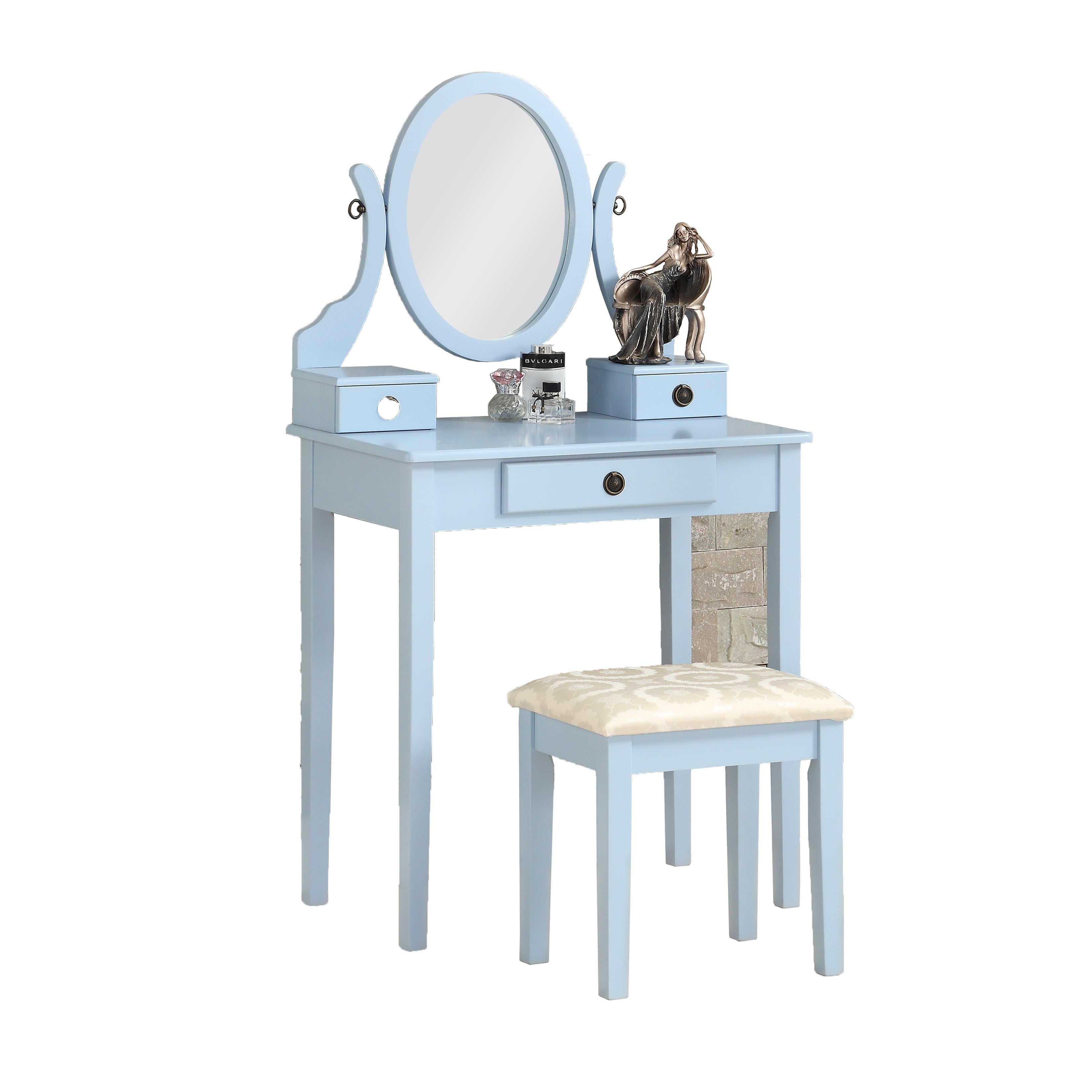 Roundhill Furniture Moniya Wood Makeup Vanity Table and Stool Set with Mirror - Blue - Perfect for Bedroom, Dressing Room & Beauty Salon