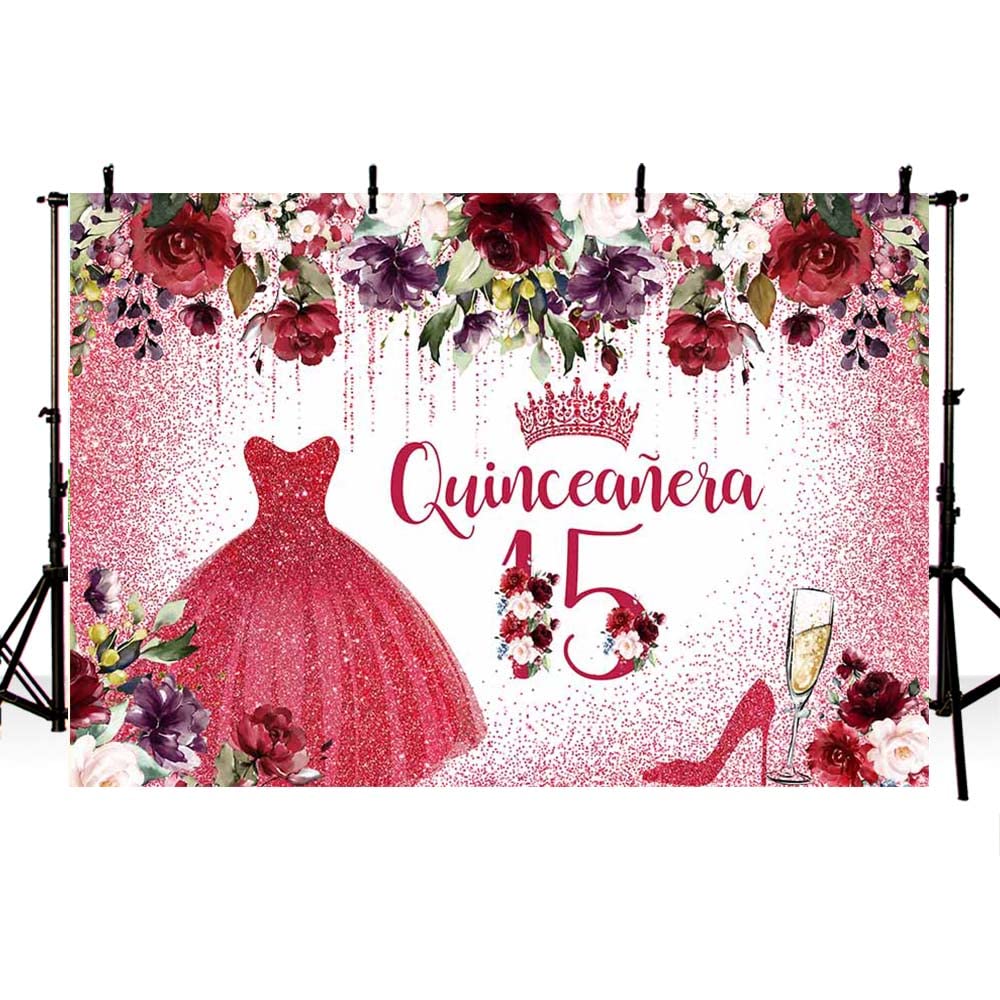 7x5ft Happy 15th Birthday Backdrop for Girls - Burgundy Red Floral Quinceañera Photography Background with Crown Design | Perfect for Princess Themed Birthday Parties, Cake Tables, and Celebration Decorations (CQ307)