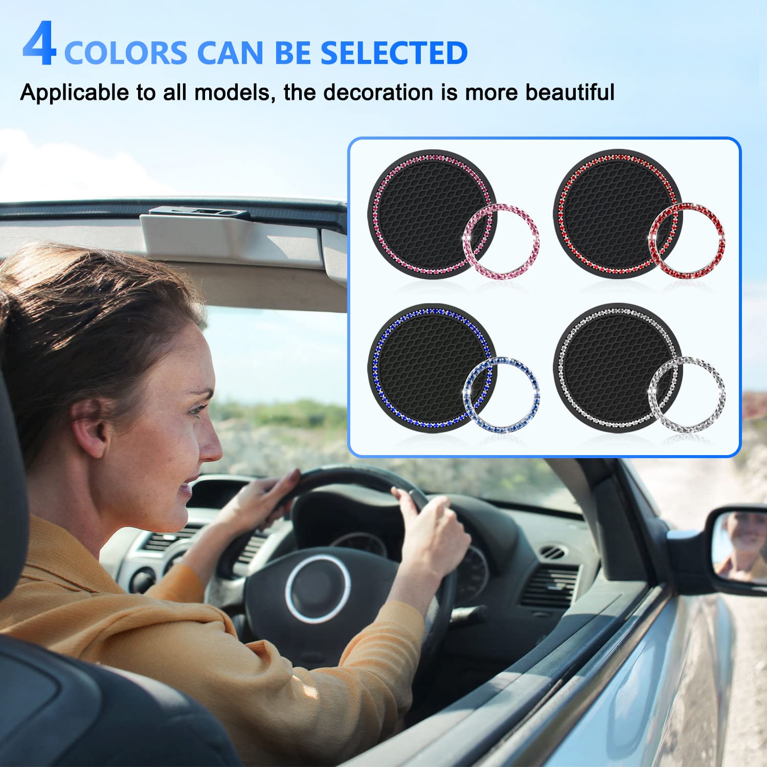 Ouzorp 4Pcs Bling Crystal Rhinestone Car Cup Holder Coasters with Push Start Button - Blue Car Interior Accessories for Luxury Vehicles & Gift Ideas