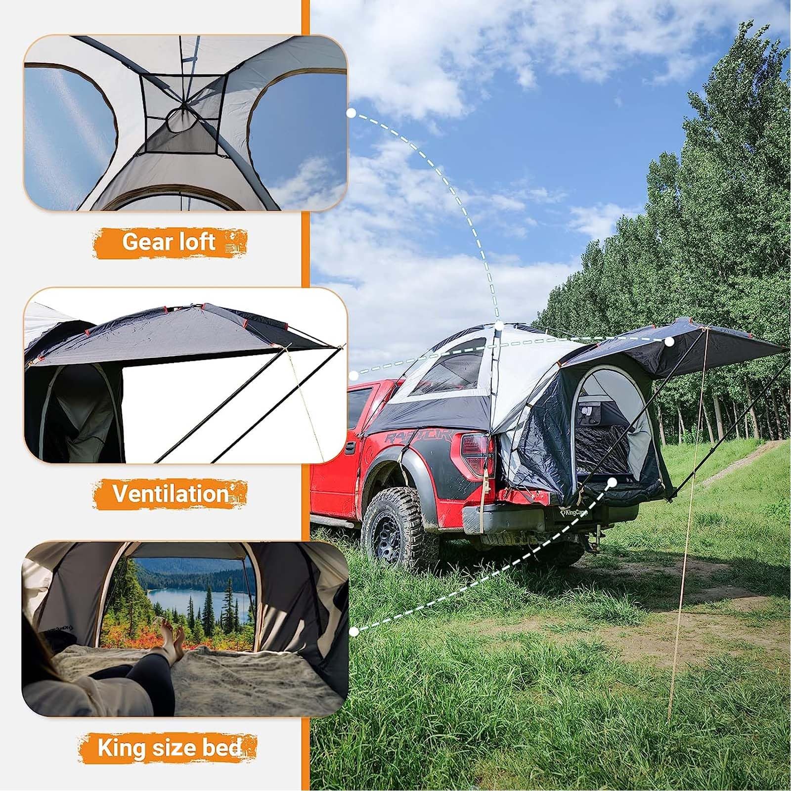 KingCamp 6.5 Foot Truck Bed Tent - Waterproof 2 Person Camping Tent for Pickup Trucks | Portable Outdoor Shelter with Removable 4'x4' Sun Awning | Perfect for Road Trips, Camping Adventures & Tailgating Parties