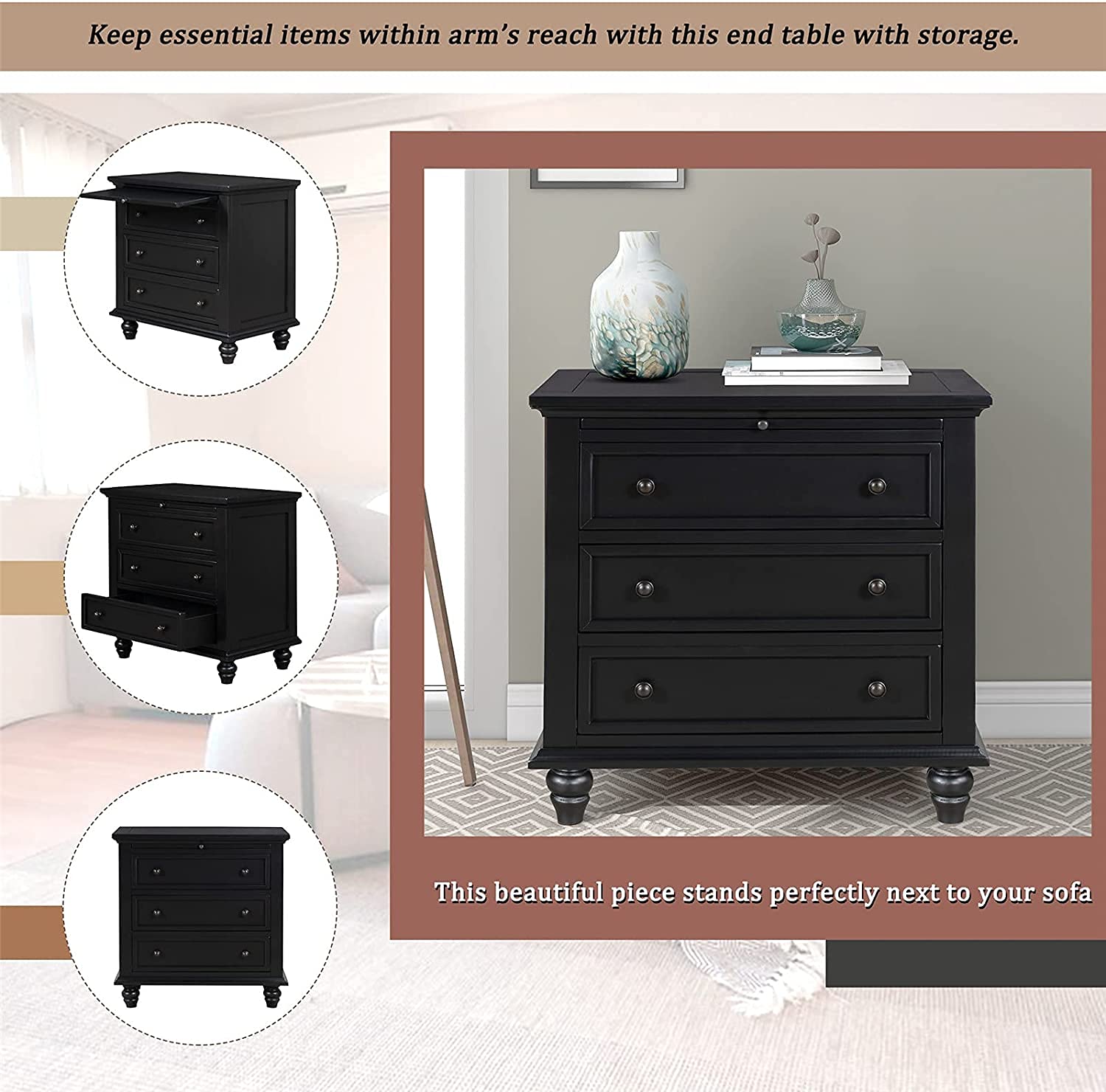 Black Wood 3-Drawer Dresser Nightstand with Pull-Out Tray - Bedroom & Living Room Furniture