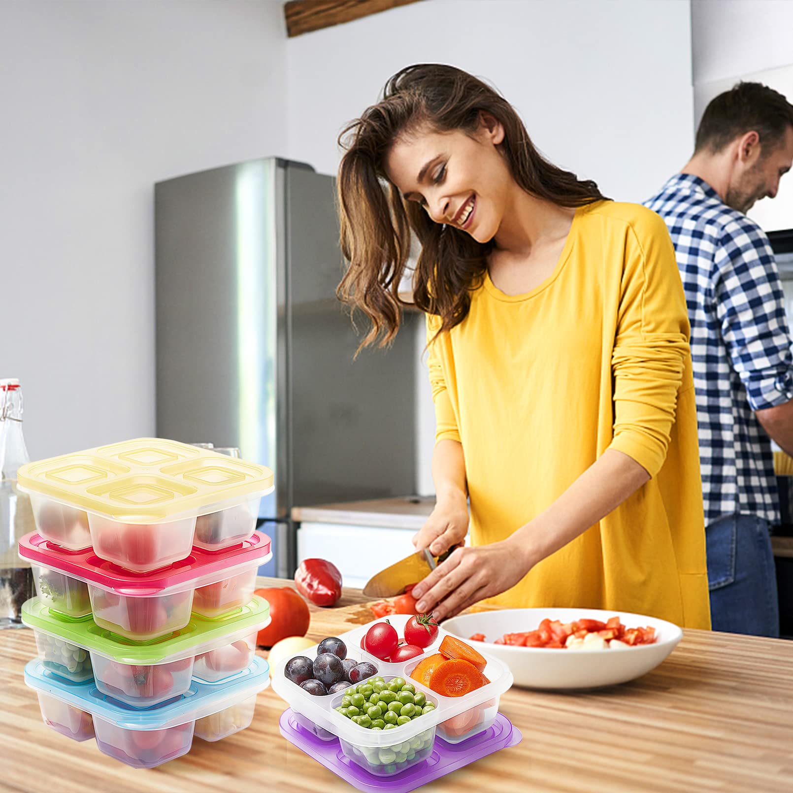 Bento Snack Boxes 10 Pack - 4-Compartment Stackable Food Storage Containers with Lids | BPA Free, Dishwasher Safe Reusable Lunch Boxes for Kids & Adults | Perfect for School, Office, Picnics & Meal Prep