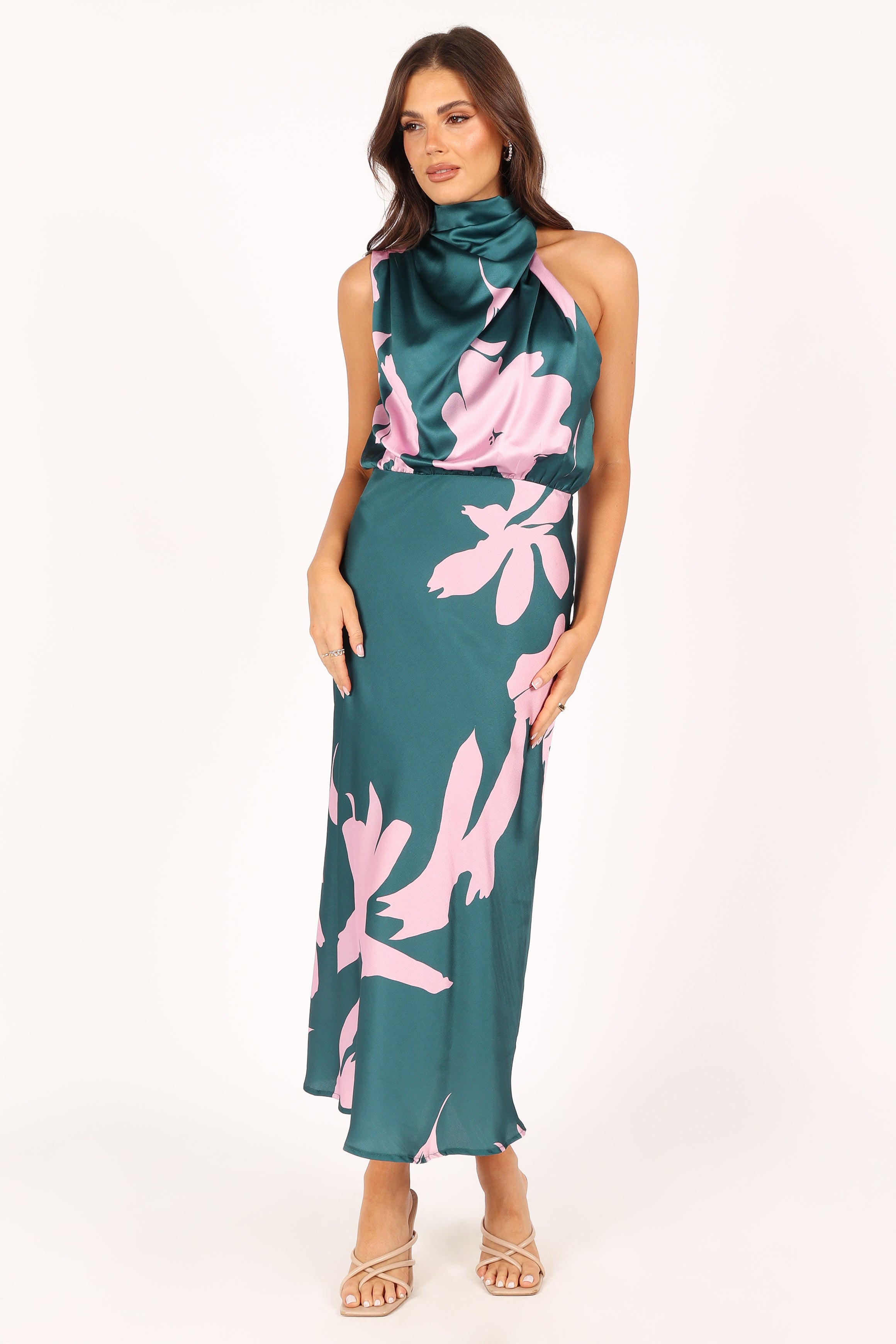 Anabelle Halter Neck Midi Dress - Green & Pink Floral Summer Dress for Women | Beach Wedding, Party, Vacation Outfit
