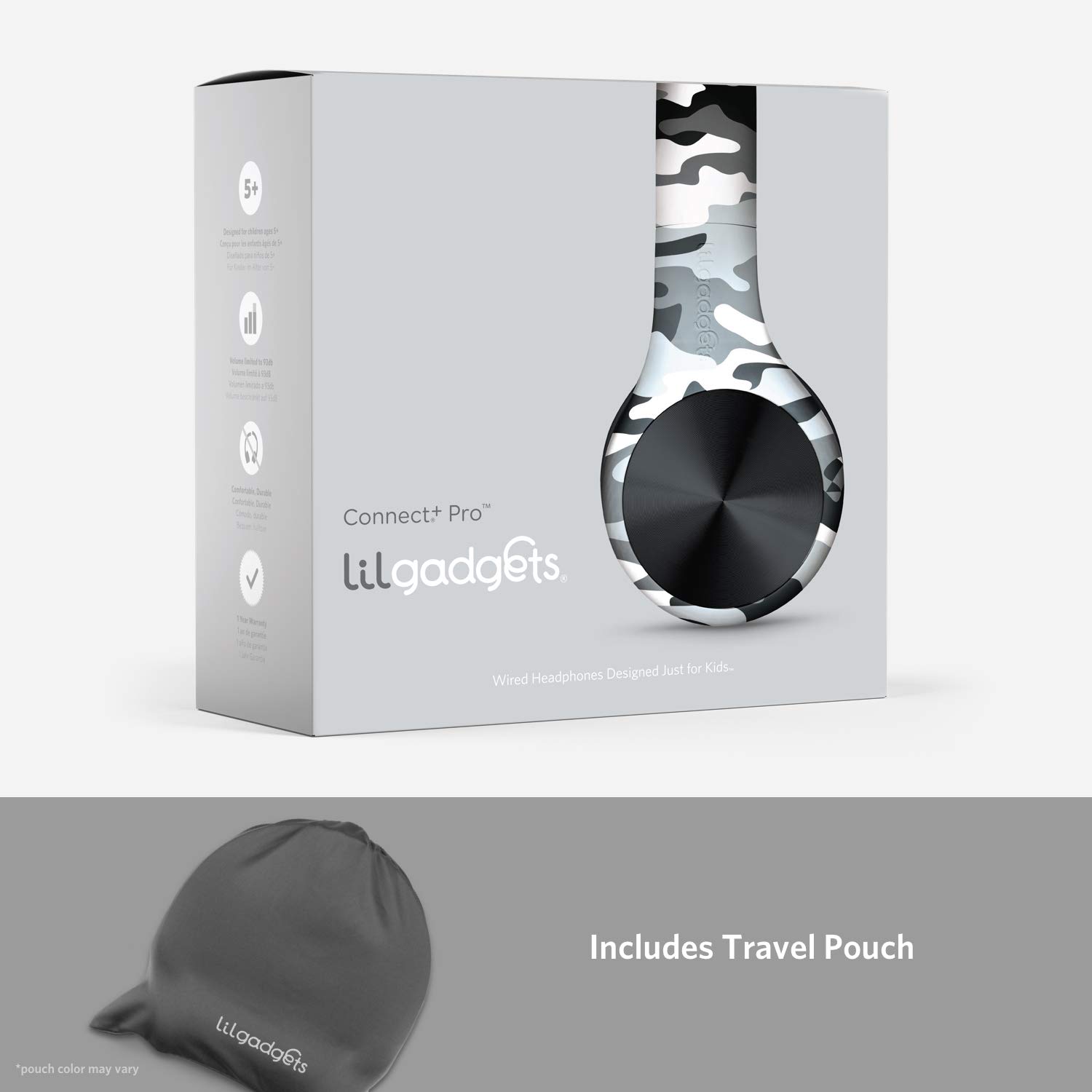 LilGadgets Connect+ Pro Wired Kids Headphones with Microphone - Volume Limiting, Noise Reducing Over-Ear Headset with SharePort Technology & SoftTouch Padding - Snow Camo Design for School, Travel & Home Use