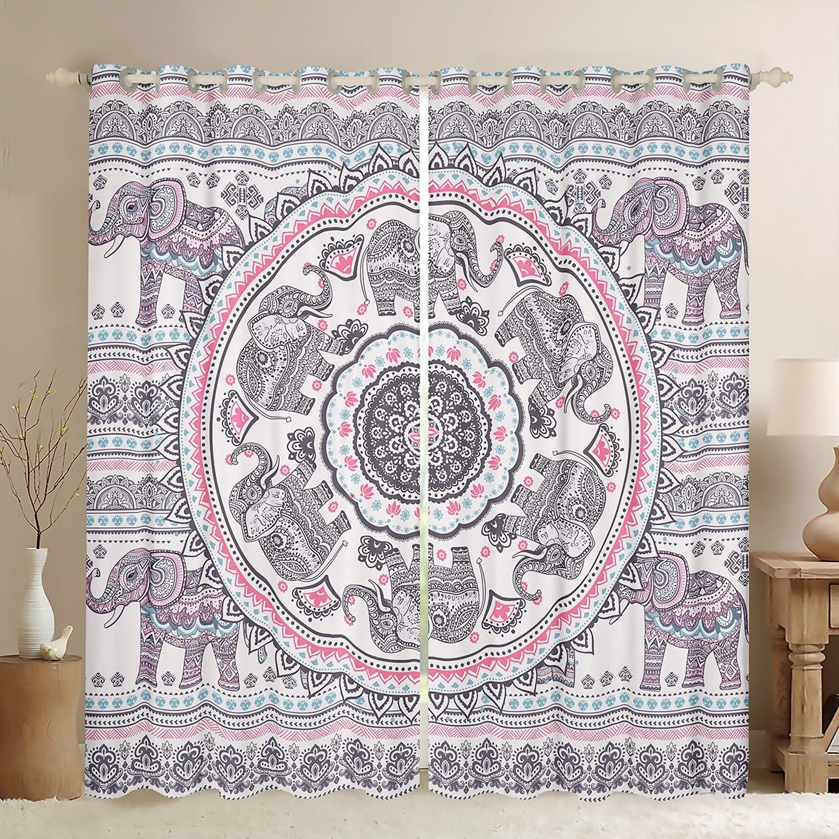 Bohemian Elephant Print Kids Curtains for Boys & Girls Room Decor - Mandala Elephant Window Drapes with Grommet Top (2 Panels, 52x90 Inches) - Perfect for Nursery, Bedroom & Playroom Decor
