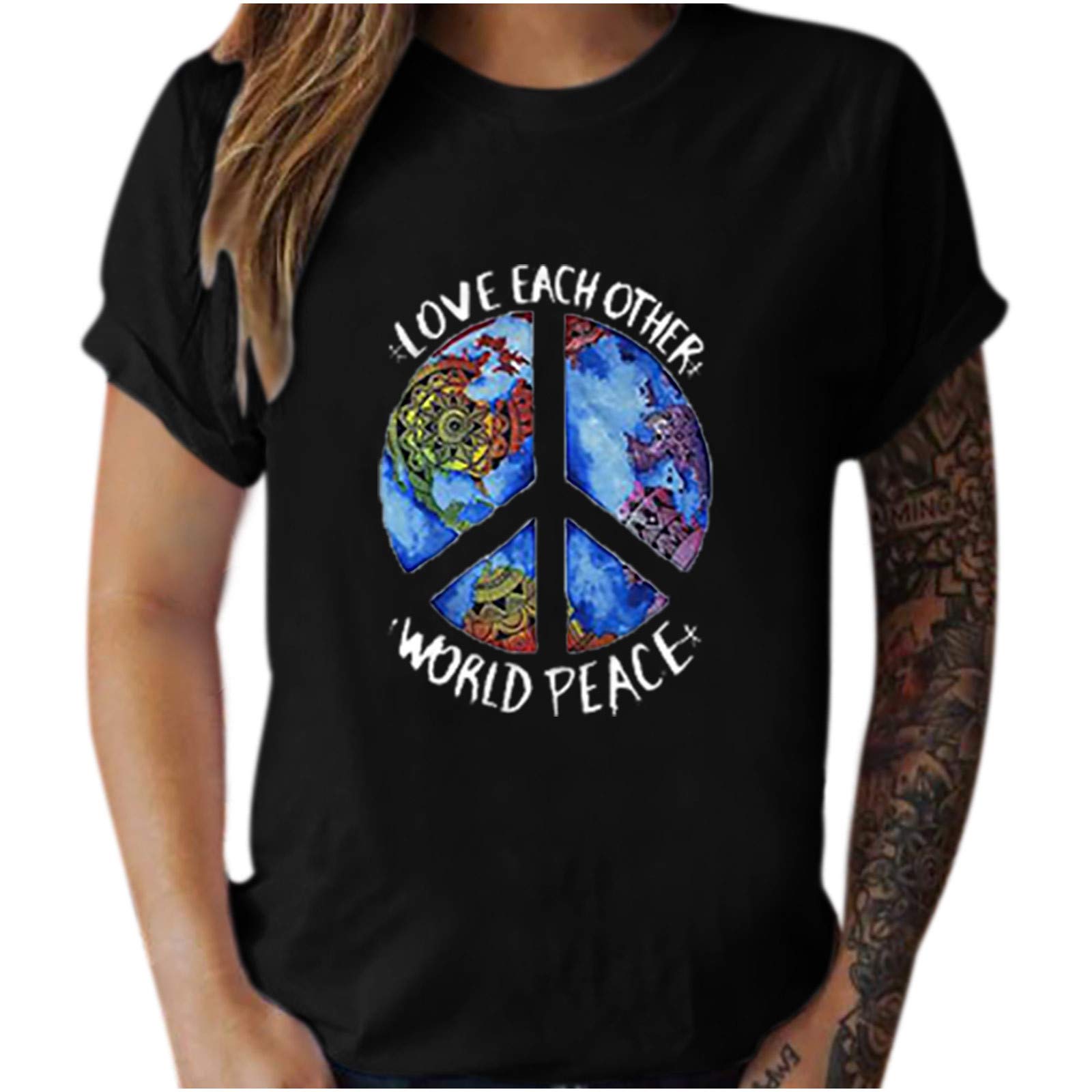 Women's Casual Short Sleeve Round Neck Printed T-Shirt - Retro Earth Design Unisex Top (Black, Large) | Perfect for Everyday Wear, Street Style & Summer Outfits