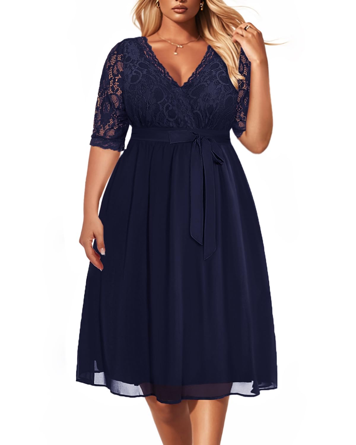 Plus Size Lace Chiffon Wrap V-Neck Midi Dress for Women - Elegant Cocktail & Wedding Guest Dress - Perfect for Parties, Date Nights & Special Occasions