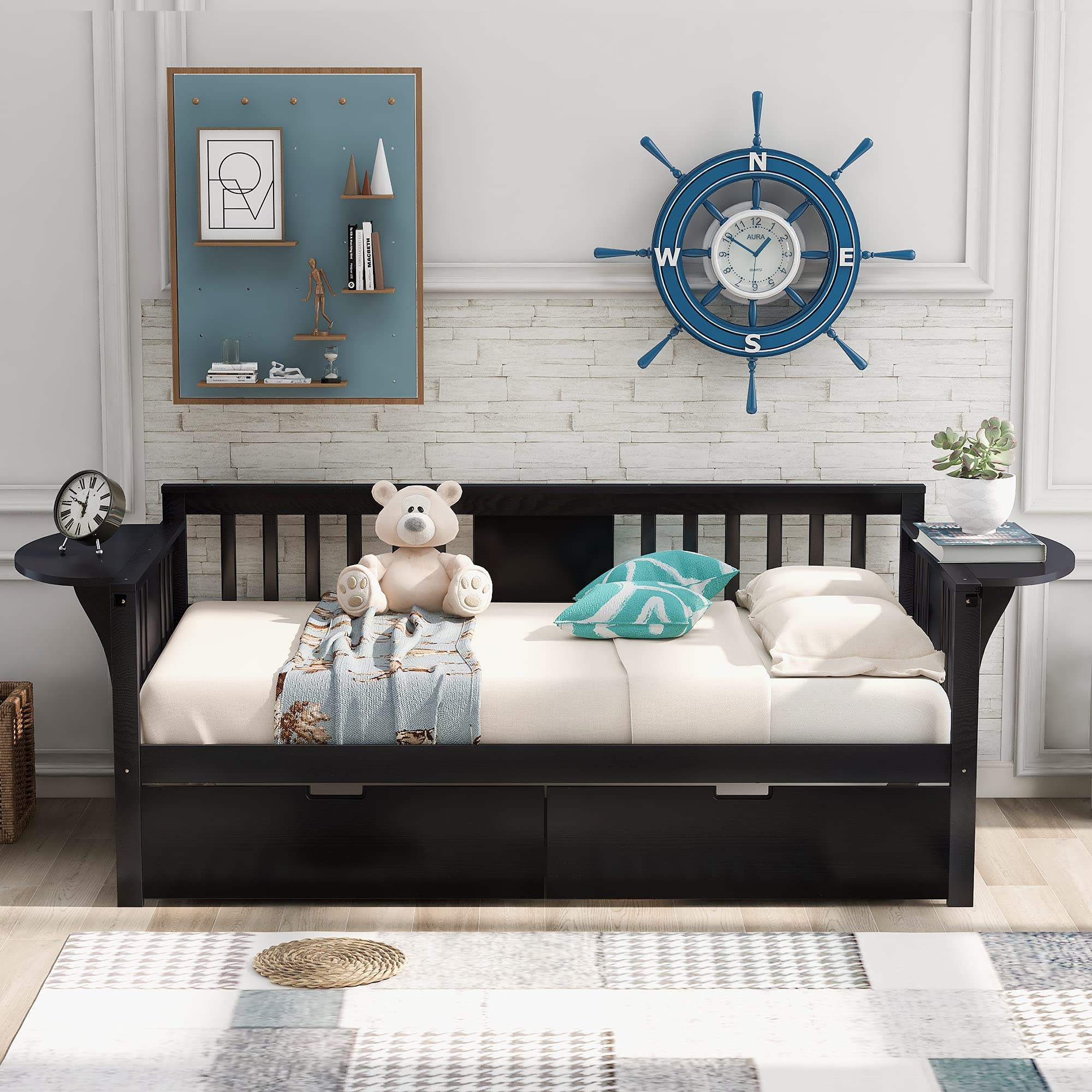 Solid Wood Daybed with 2 Folding Tables & 2 Drawers - Twin Size Multi-Functional Bed Frame for Kids, Teens & Guest Rooms - No Box Spring Needed - Perfect for Small Spaces, Sleepovers & Home Office Use