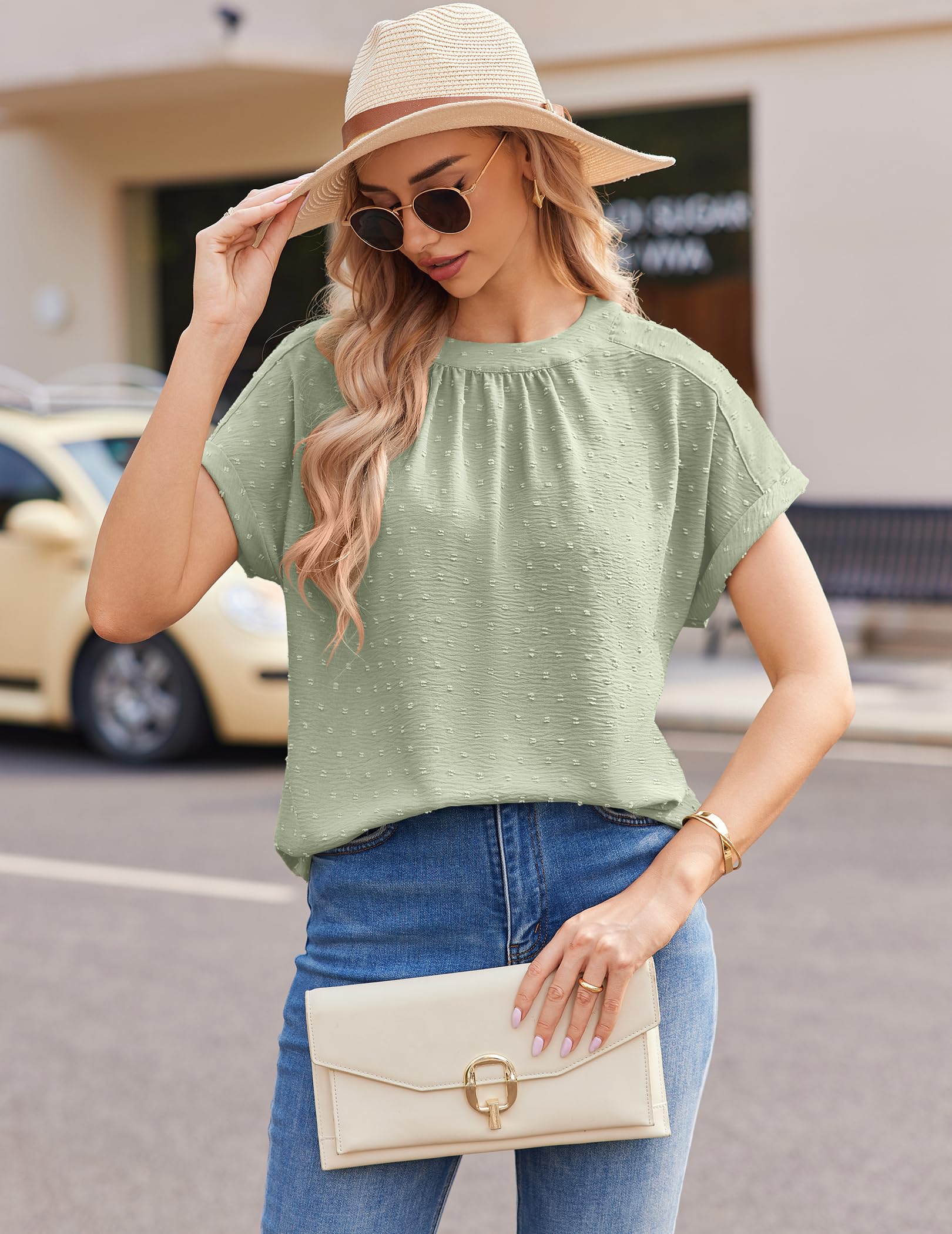 Women's Work Blouses - Dressy Casual Swiss Dot Short Sleeve Chiffon Tops for Business & Summer | Office Wear & Everyday Fashion