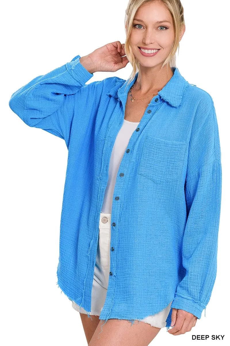 Deep Sky Raw Hem Shirt Top - Women's Casual Boho Chic Blouse for Summer Outfits & Beach Vacations