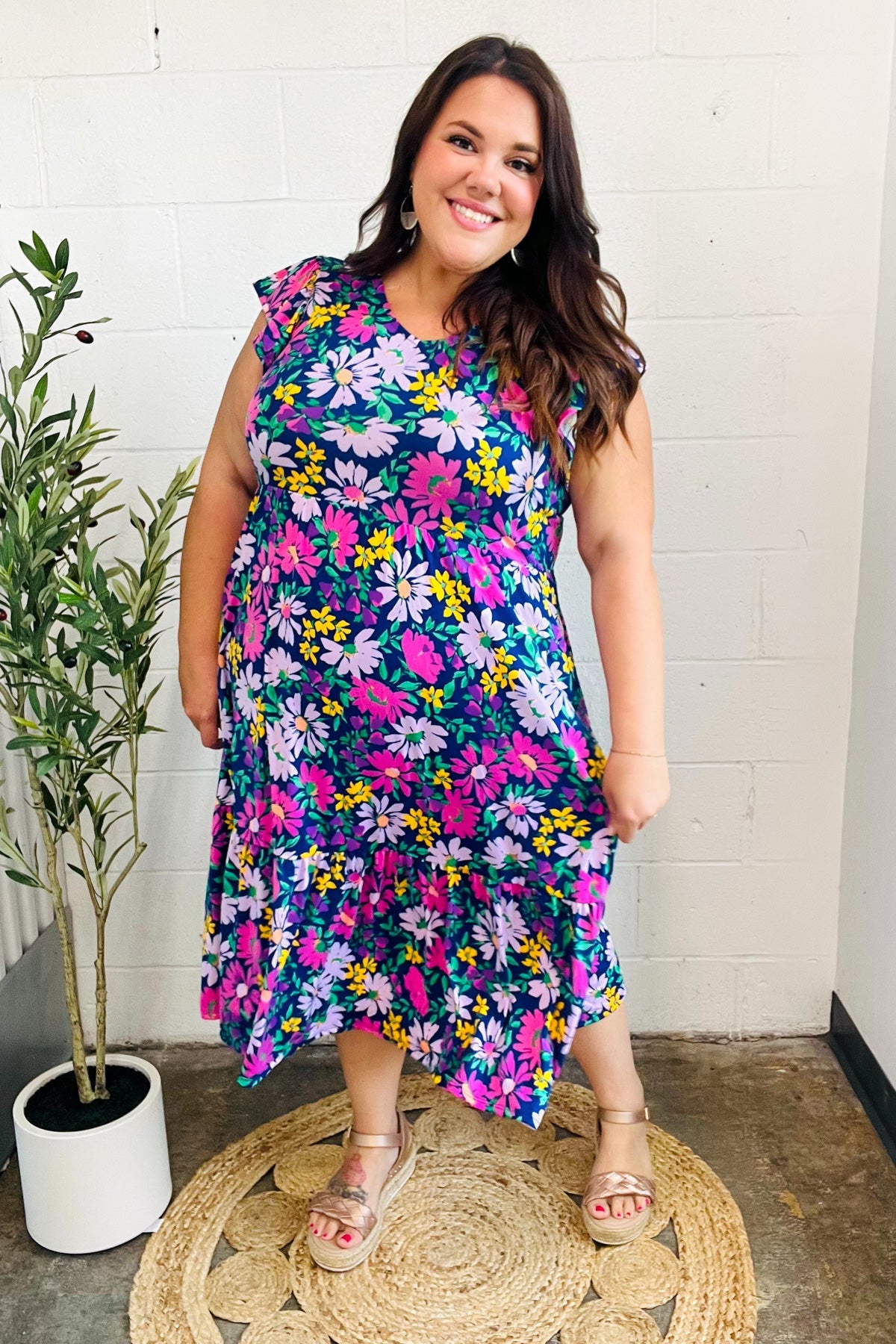 Diva Dreams Navy & Lilac Floral Fit & Flare Midi Dress for Women - Elegant Summer Party & Wedding Guest Outfit