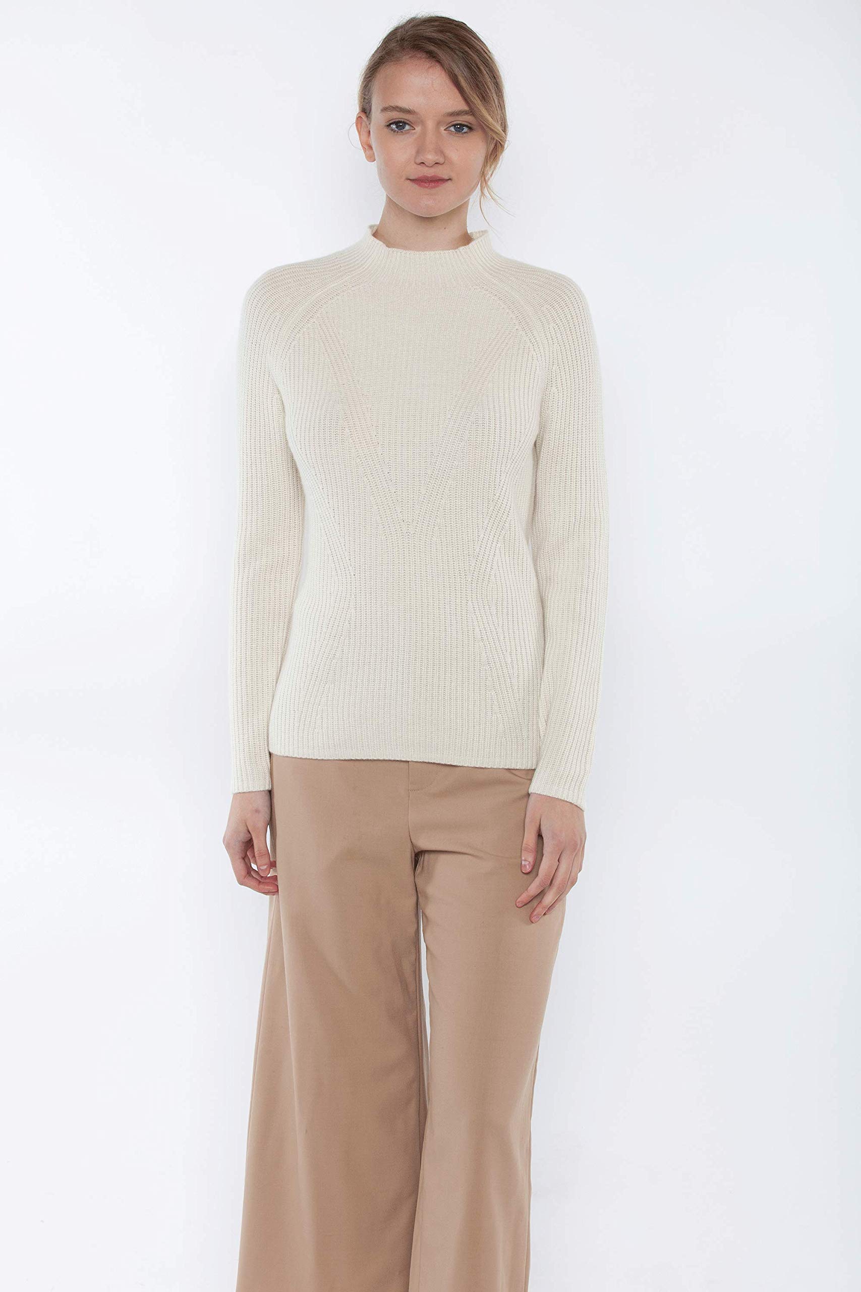 JENNIE LIU Women's 100% Pure Cashmere Long Sleeve Chunky Rib Funnel Neck Sweater - Soft Winter Pullover for Casual Outfits & Office Wear