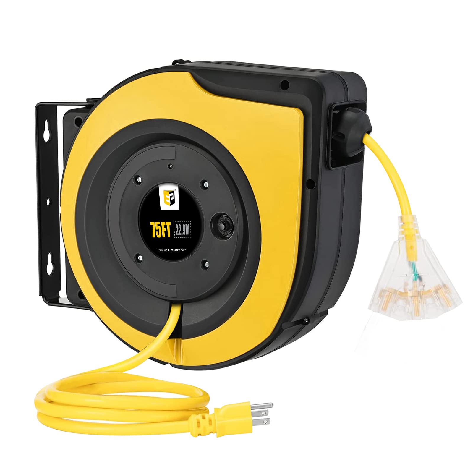 **75ft Heavy Duty Retractable Extension Cord Reel - 14 AWG/3C SJTOW Power Cord with 10A Circuit Breaker & 3-Lighted Outlets - Wall/Ceiling Mount for Indoor Use (Yellow) - Perfect for Garage, Workshop, Home Office & DIY Projects**