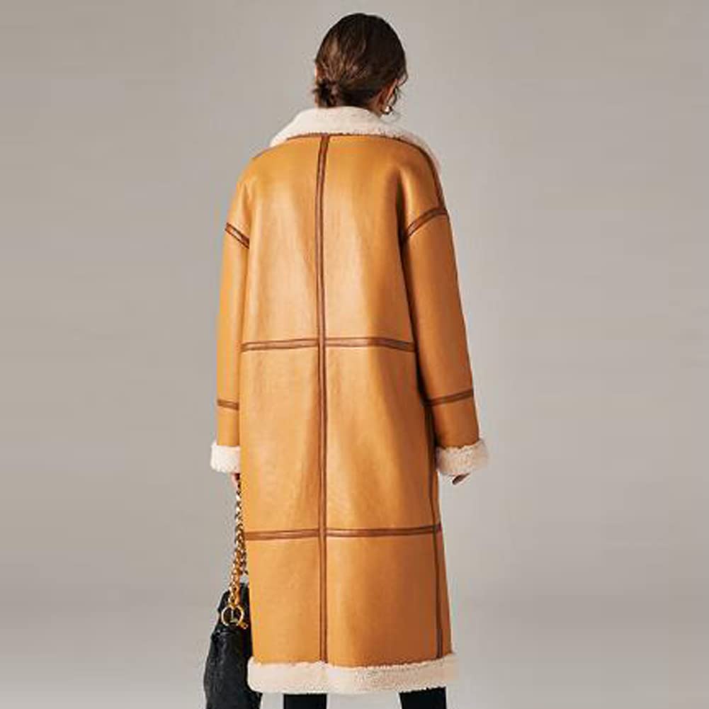 Denny & Dora Women's Shearling Bomber Jacket - Long Style Leather Overcoat with Faux Fur Lining | Winter Warm Coat for Women in Khaki | Perfect for Cold Weather, Outdoor Activities & Fashion Layering